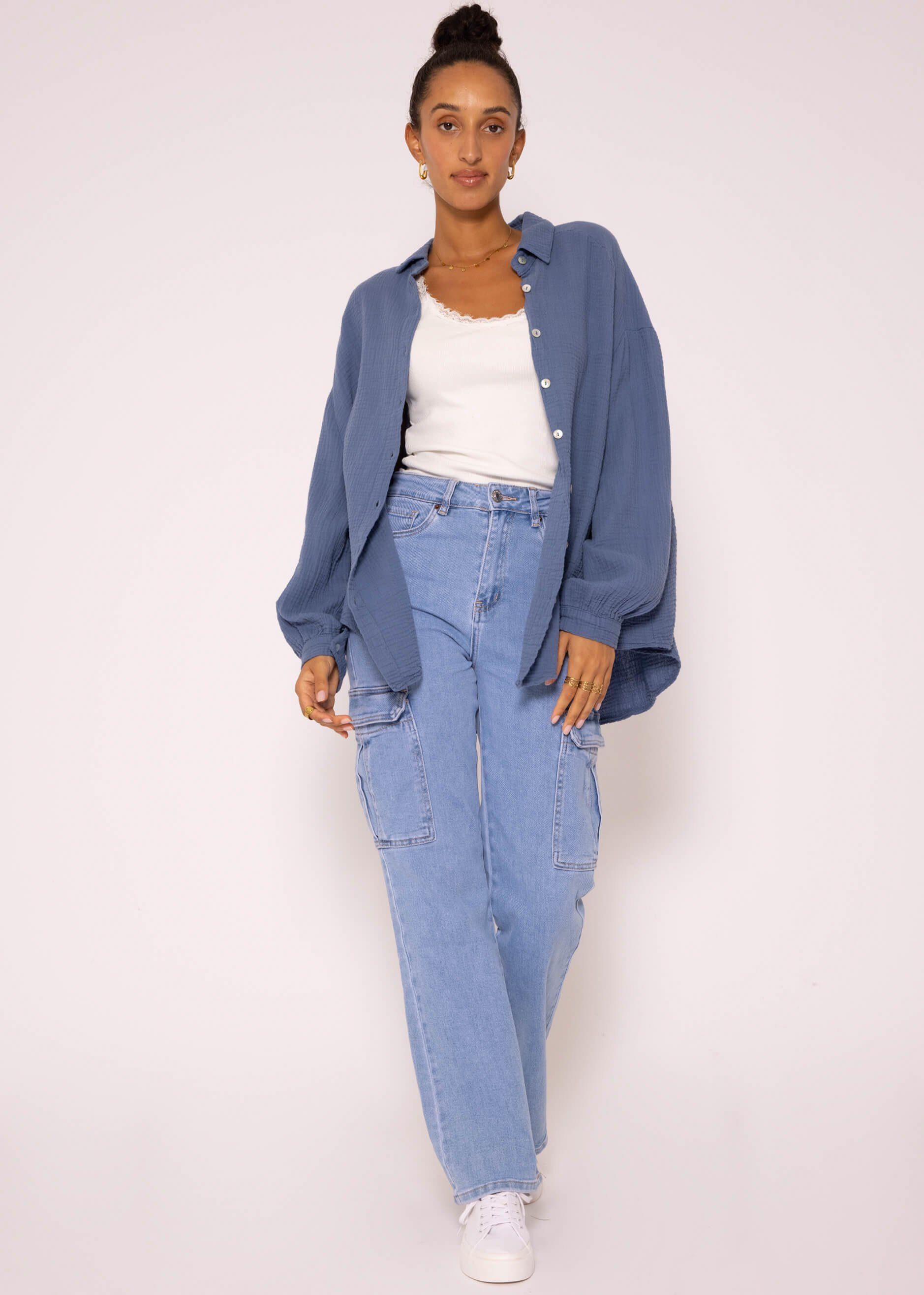 SASSYCLASSY Longbluse Oversize Baumwolle Bluse aus One mit Hemdbluse Damen Musselin lang Jeansblau Size 36-48) Langarm V-Ausschnitt, (Gr