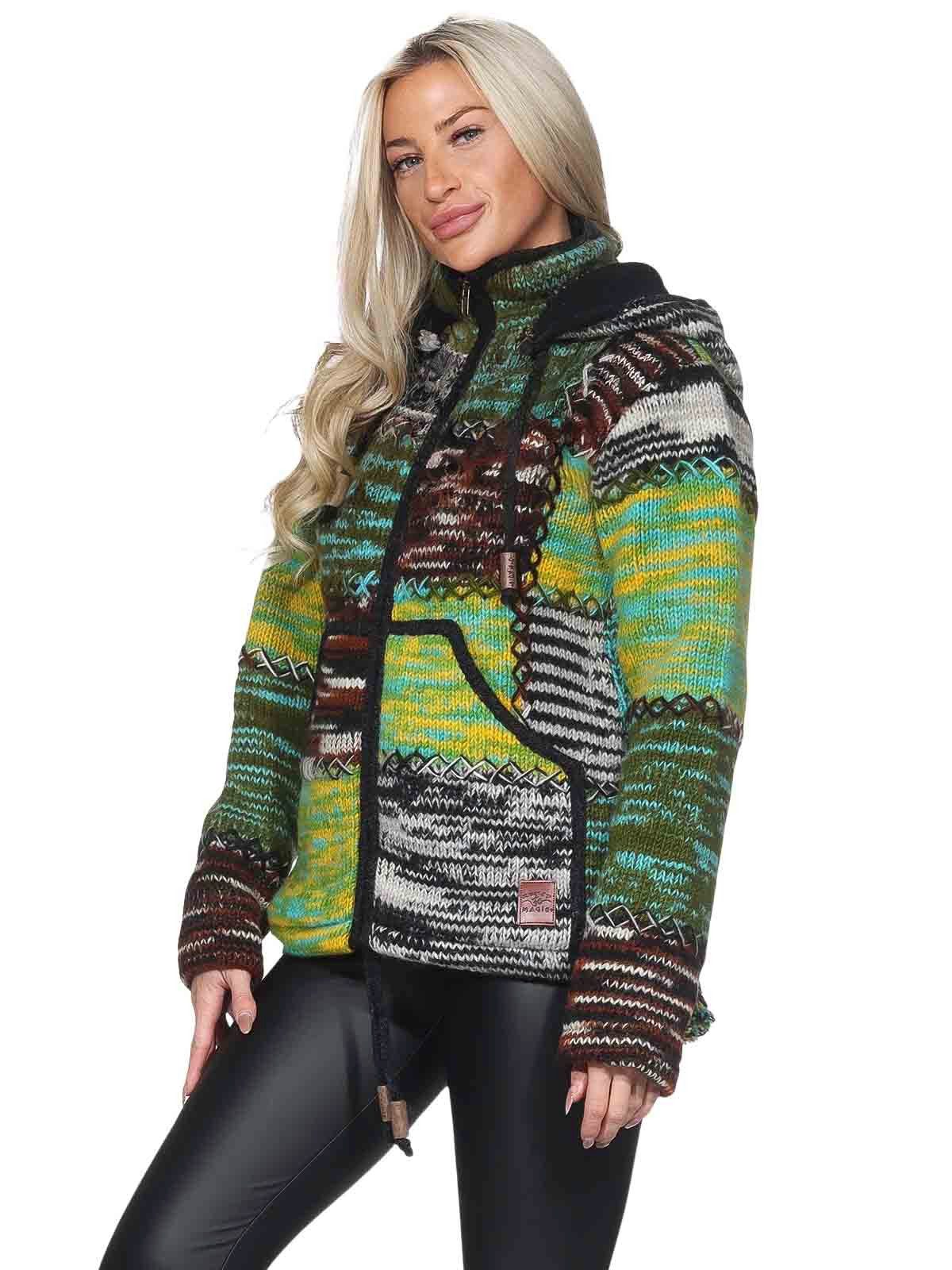 KUNST UND MAGIE Strickjacke Damen Strickjacke Wolle Bunte Patchwork Jacke Zipfelkapuze Hochkragen
