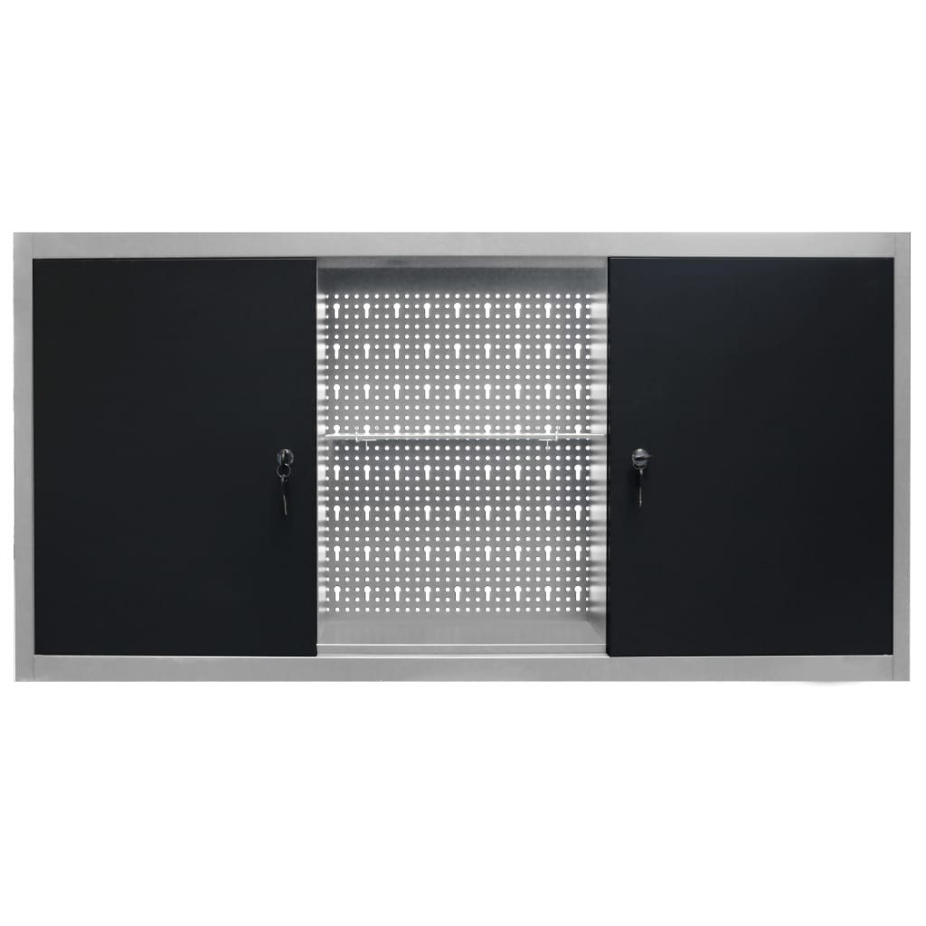 furnicato Werkzeugschrank 120x19x60 cm Grau Schwarz mit verstellbaren Fachböden (1-St) Abschließbare Werkzeugwand mit Lochplatte und 3 verstellbaren Böden