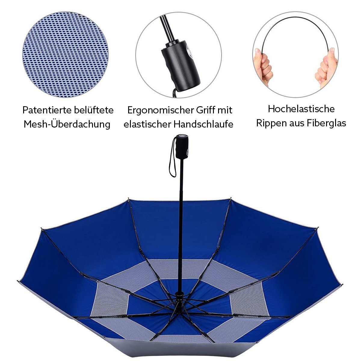 G4Free UPF mit Regenschirm Auf-Zu-Automatik 50+ Taschenregenschirm, Silber-Blau