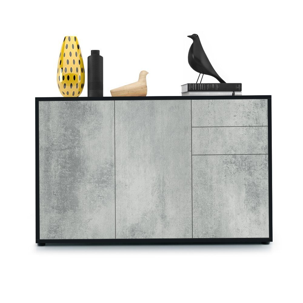 Vladon Kommode Ben V3 (Kommode, mit 3 Türen und 2 Schubladen), Schwarz matt/Beton Oxid-Optik (117 x 74 x 36 cm)
