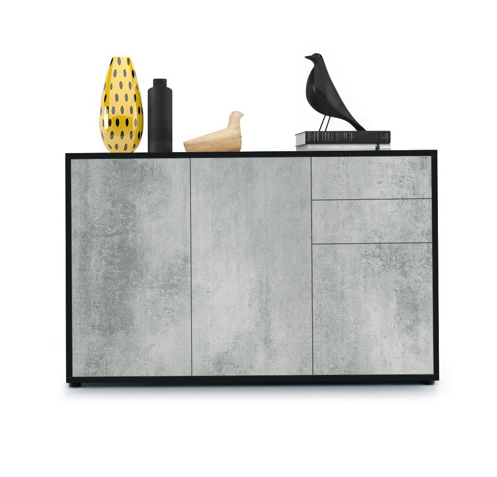 Vladon Kommode Ben V3 (Kommode, mit 3 Türen und 2 Schubladen), Schwarz matt/Beton Oxid-Optik (117 x 74 x 36 cm)