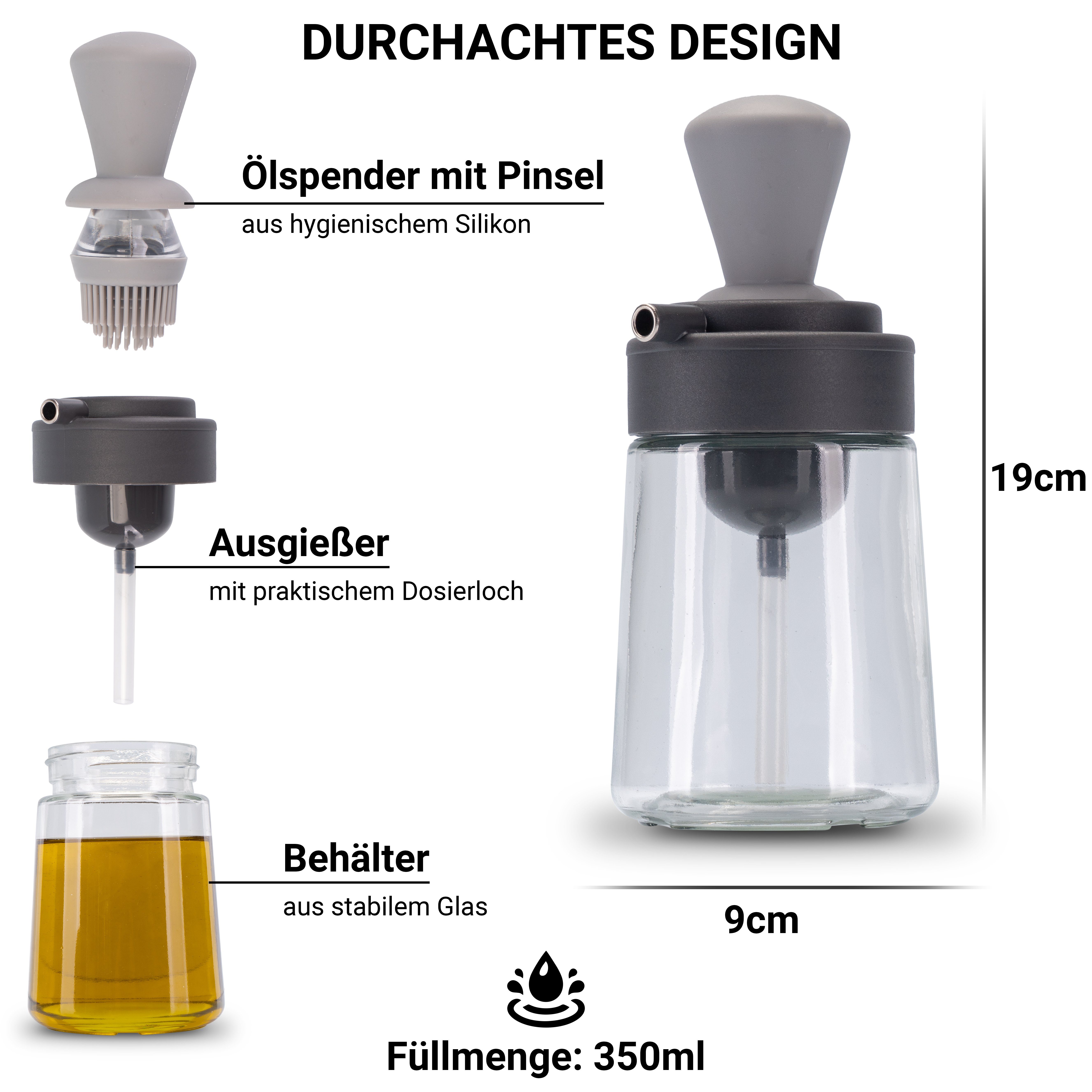 Fino Casa Ölspender 3 in 1 Ölspender, (2er Set: 1x Anthrazit & 1x Dunkelgrün, 2er Set 3in1 Ölflasche mit Pinsel und Ausgießer)