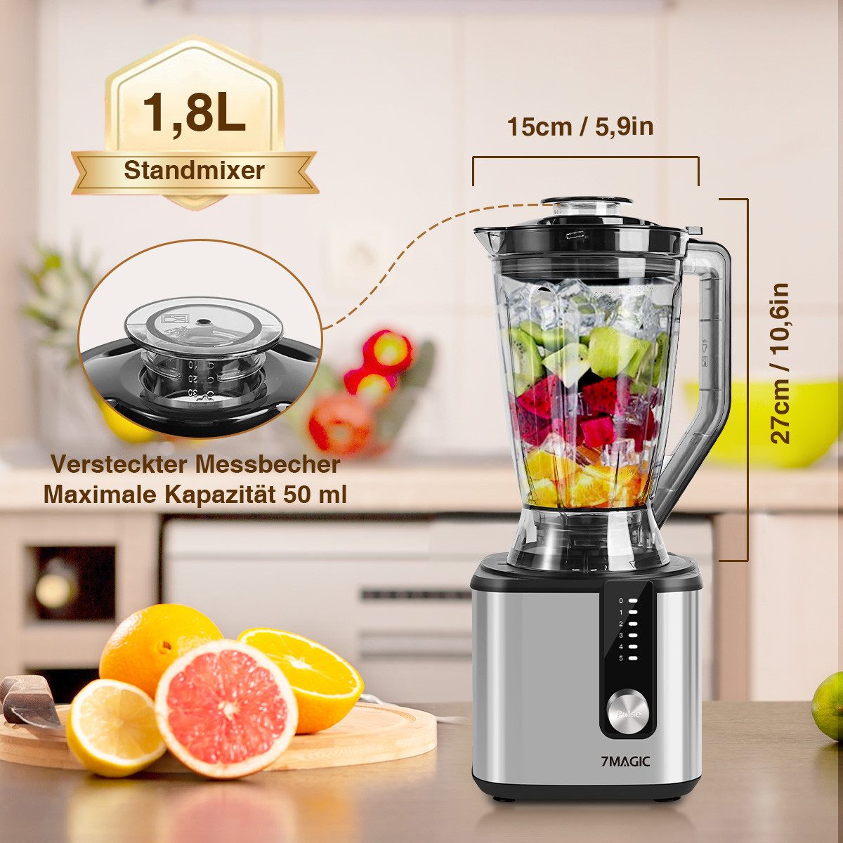 7MAGIC Kompakt-Küchenmaschine Standmixer 9 in 1 Multifunktional Food Chopper, Food Processor, 750 W, inkl. Zerkleinerer, 1,8L mixerbecher und weiteres Schneidzu – Bild 3 von 5