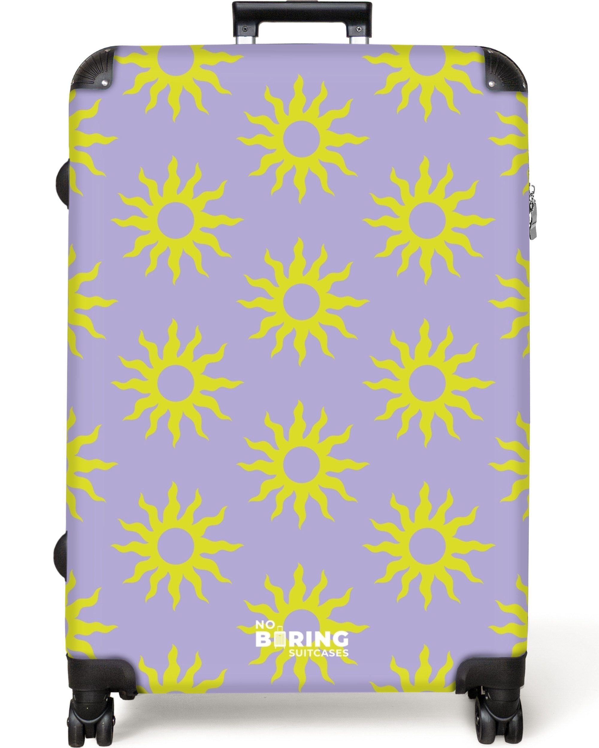 NoBoringSuitcases.com© Hartschalen-Trolley Lila mit gelben Sonnen günstig online kaufen