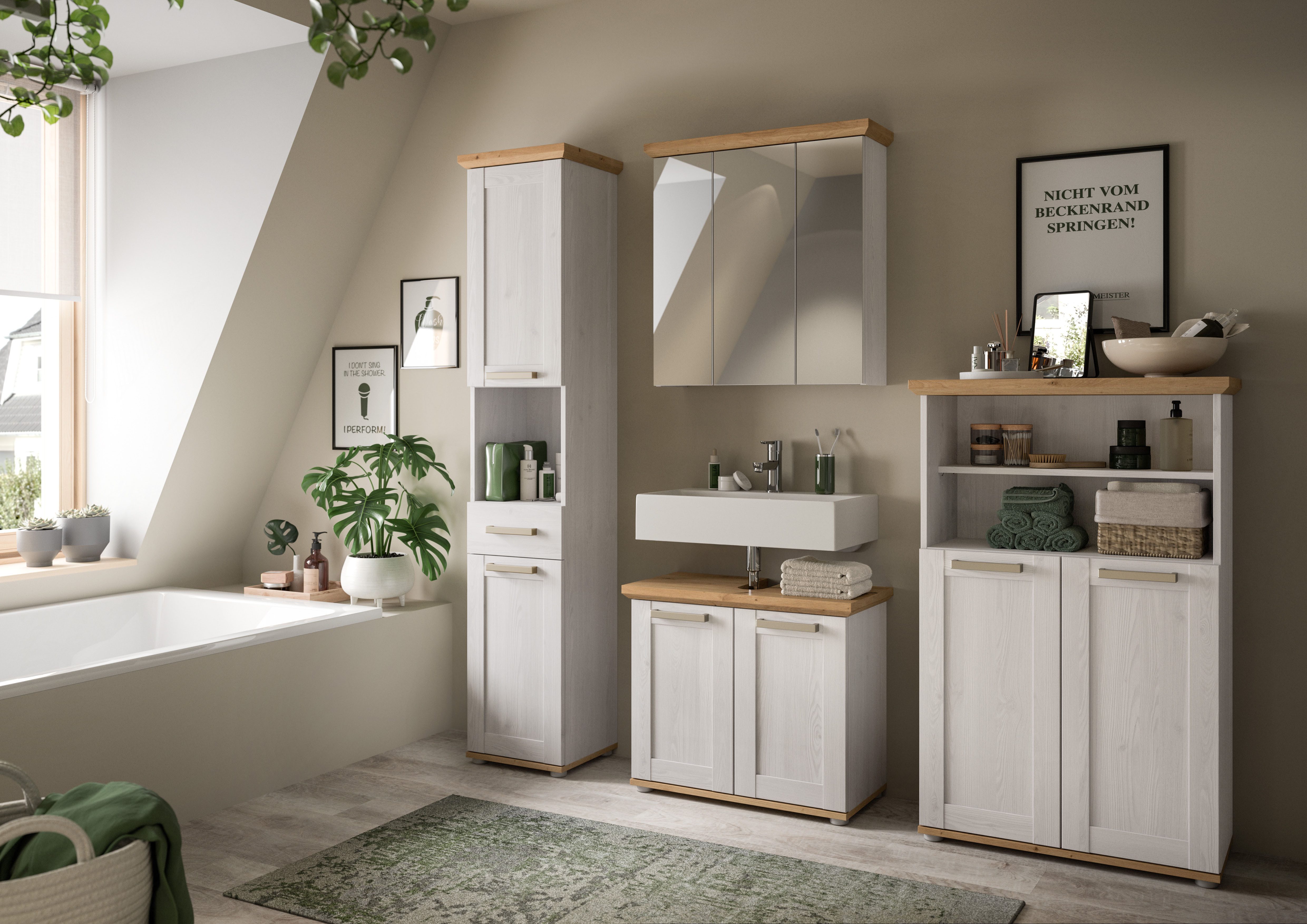 welltime Badmöbel-Set COSENZA, 4-teilig, in Landhausoptik, mit farblich abgesetztem Kranz, (4-St., best. aus: 1 Hochschrank, 1 Spiegelschrank, 1 WBU und 1 Midischrank), Bad-Kombination, Badezimmer, Kombi, Bad, Bad-Möbel