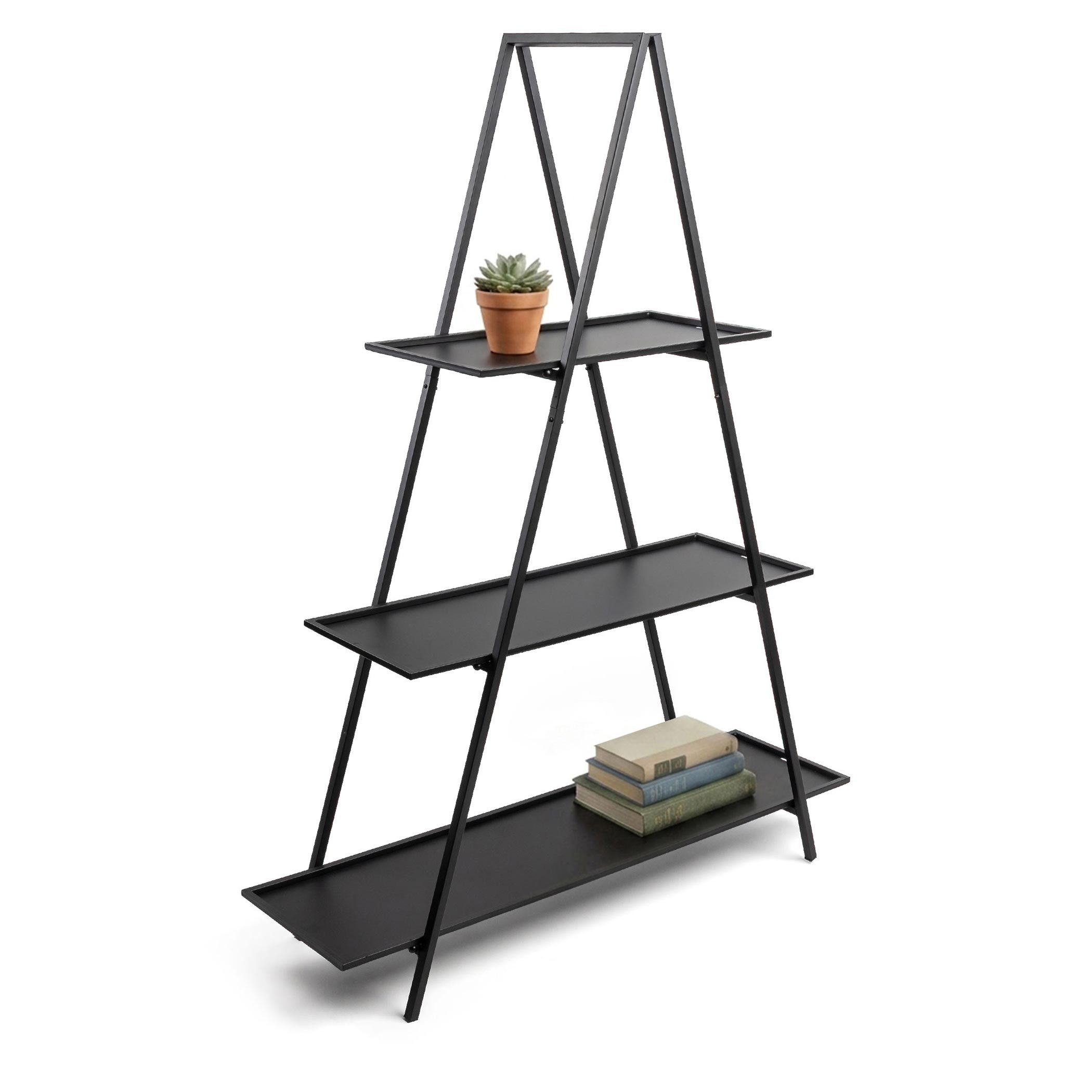Spetebo Leiterregal XL Metall Etagere matt schwarz mit 3 Ablagen - 130 x 100, Anzahl 1-tlg., Drei offenen Ebenen