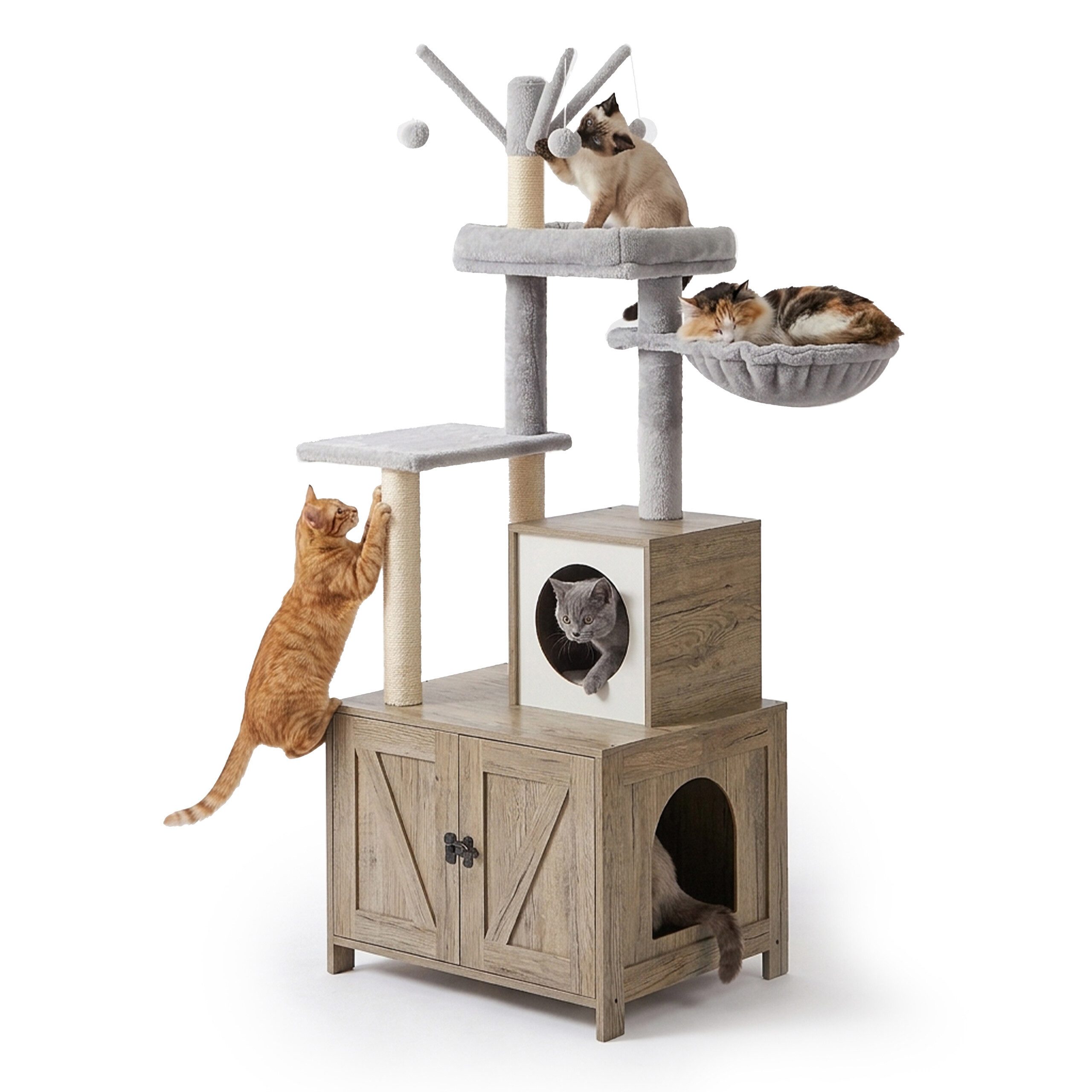 relaxdays Kratzbaum mit Katzenklo-Schrank 150 cm, Holzoptik-Weiß