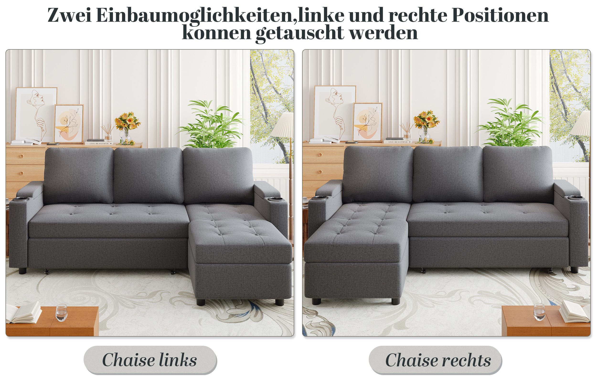 HOMALL Ecksofa Multifunktionaler Stauraum Ausziehbares L-förmiges Schlafsofa, Integrierter spritzwassergeschützter Getränkehalter, Seitentaschen, internes Staufach