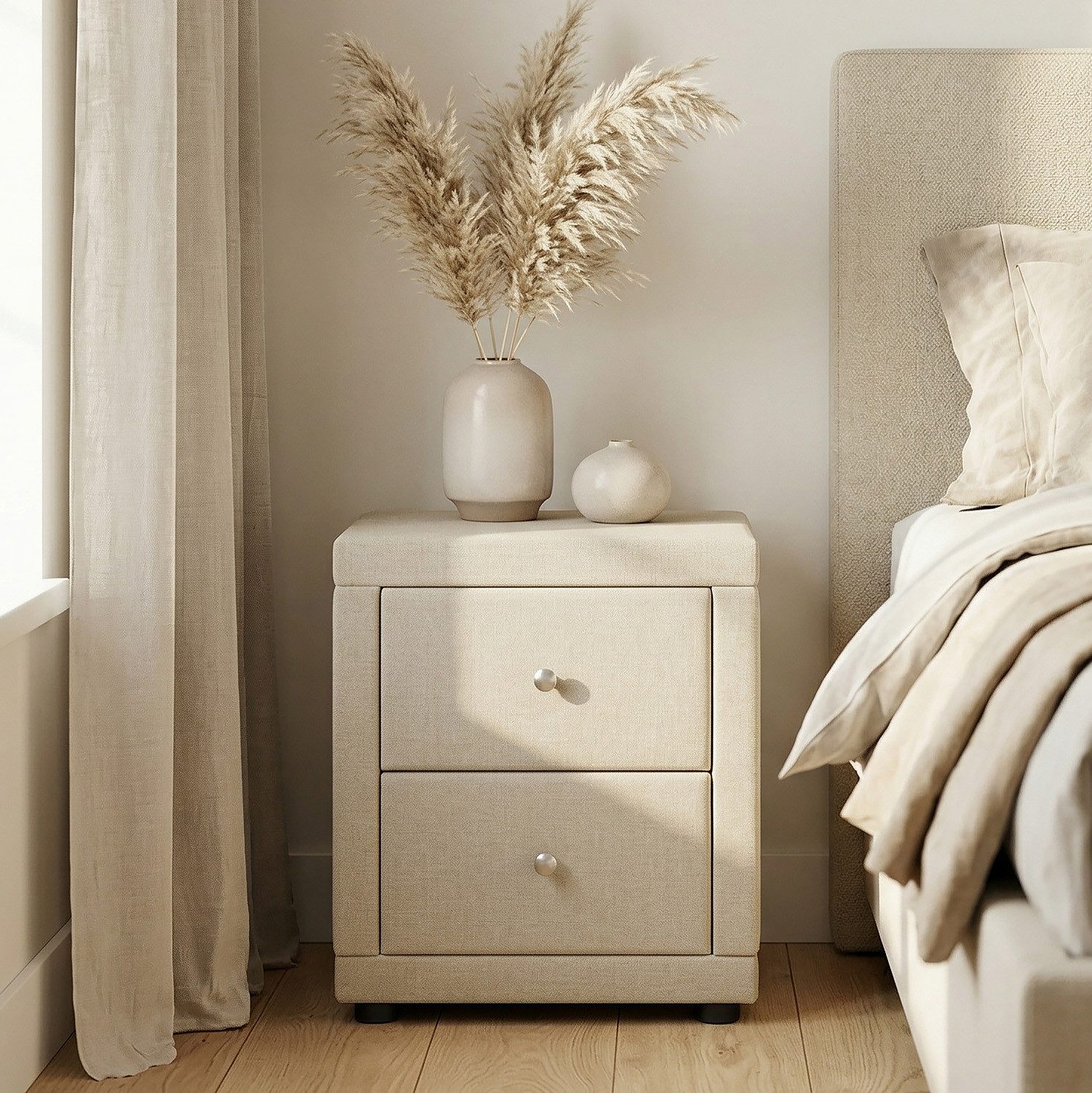 Homestyle4u Nachttisch mit 2 Schubladen Stoff Grau Beige 1 /2er Set Nachtkonsolen Kommode (1-St)