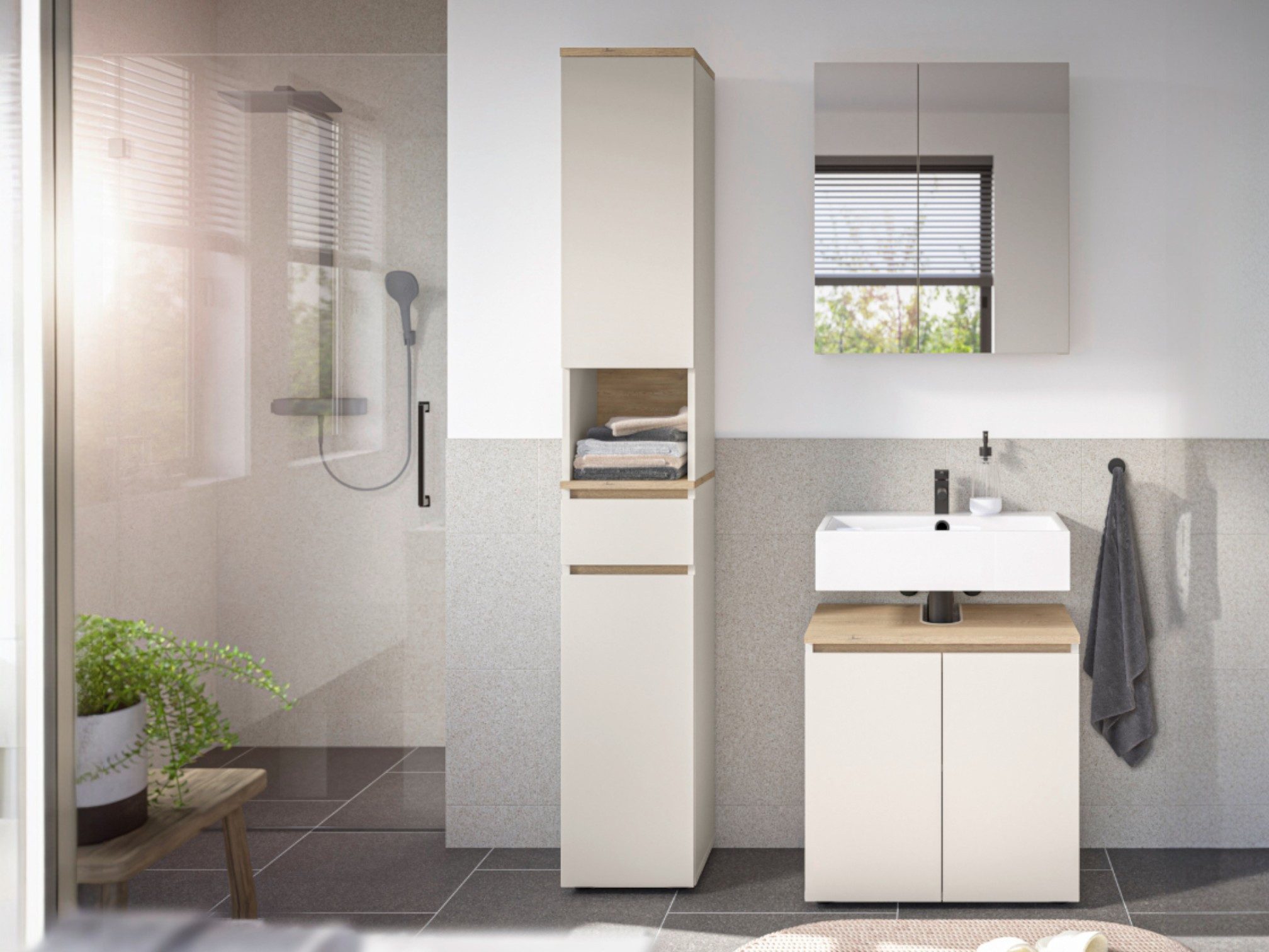 moebel-dich-auf Badmöbel-Set LONDRES, (Set 2, 3-St., Spiegelschrank, Wbu, Hochschrank), in kaschmir oder anthrazit, Absetzung: Cremona Eiche