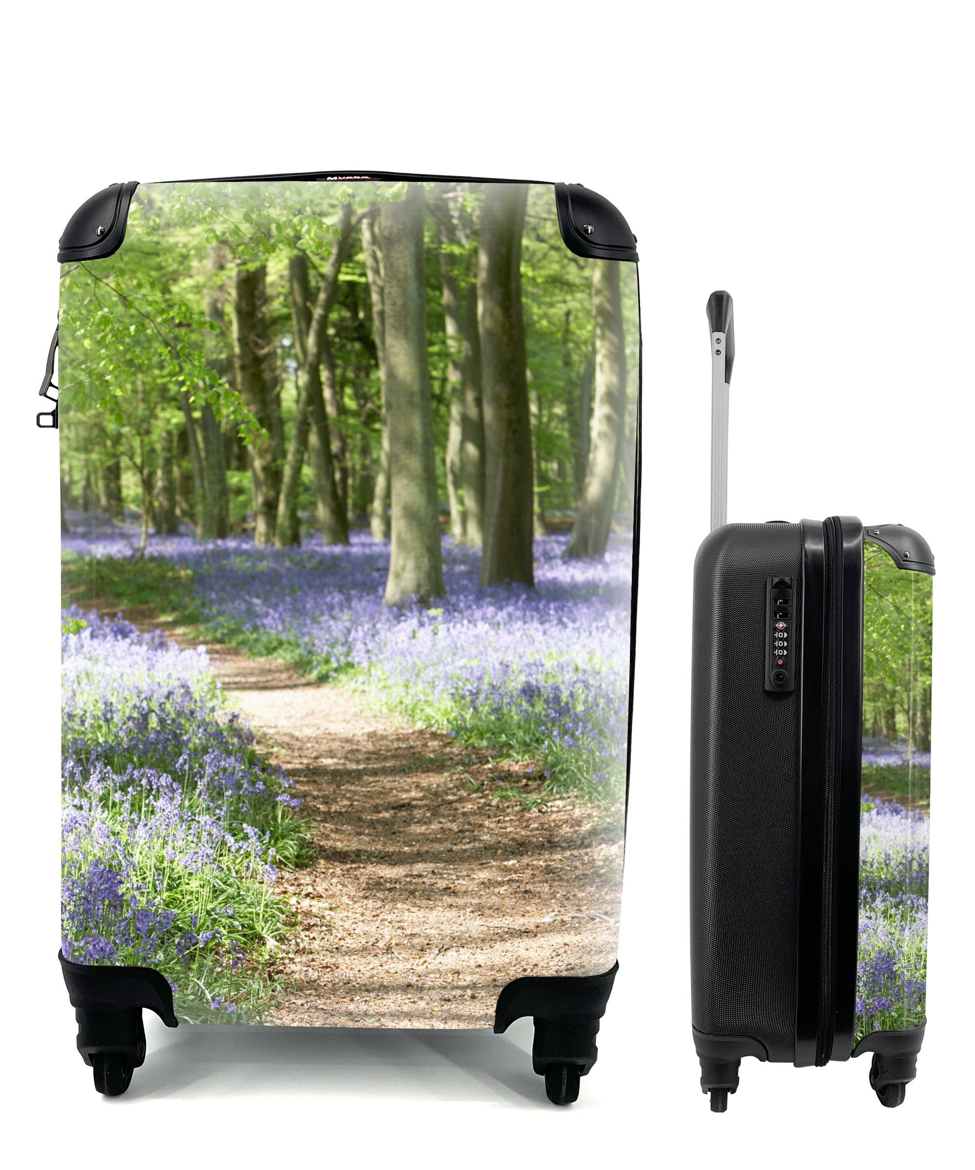 Reisekoffer Blumen für Wald Grün Lila Handgepäck 4 Reisetasche rollen, - - Weg Ferien, Handgepäckkoffer Natur, mit - Trolley, - MuchoWow Rollen, -