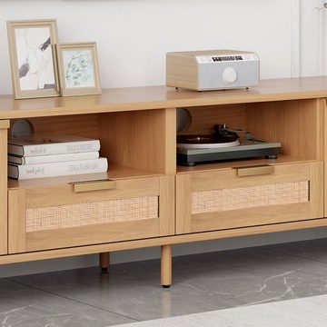 REDOM TV-Schrank Holz-TV-Schrank, TV-Ständer, lowboard TV (TV-Konsolentisch,200*37*49cm) mit massiven Holzfüßen, Geflochtener Rattan-TV-Boards