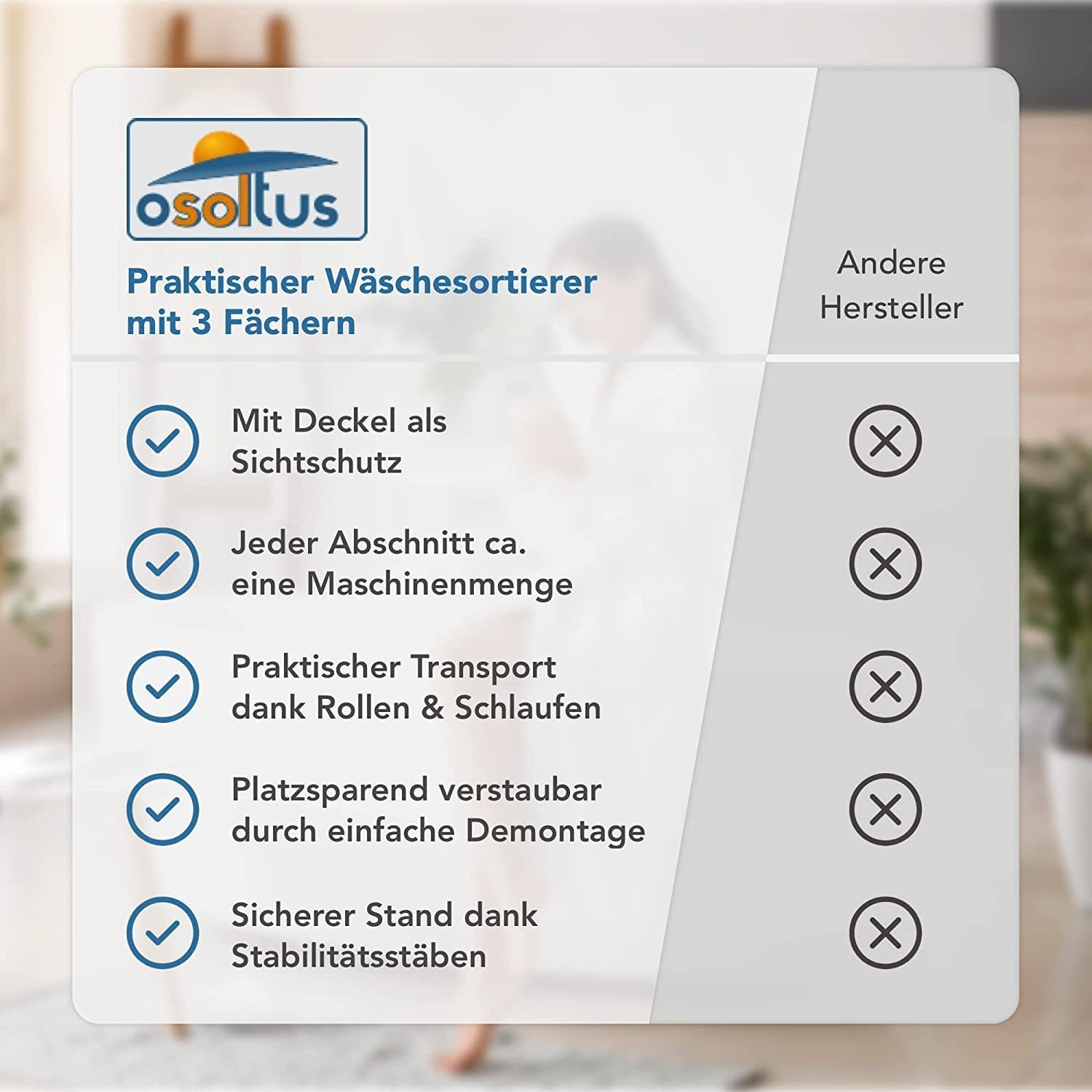 osoltus Wäschesortierer osoltus 3er Wäschesortierer auf Rollen Wäschebox Wäschekorb Grau – Bild 4 von 5