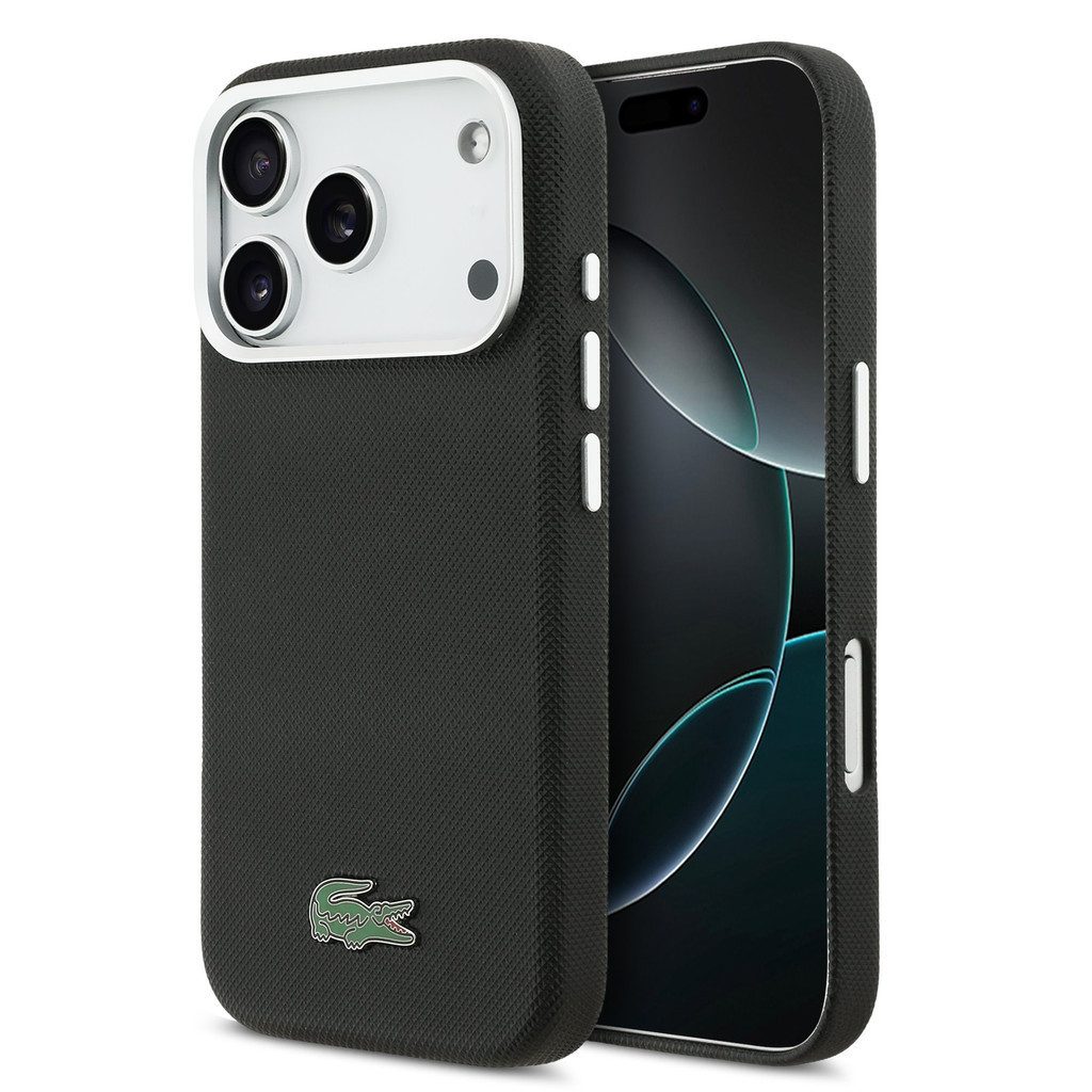 Lacoste Handyhülle iPhone 17 Pro Max Kunstleder schwarz Logo Krokodil Magsafe 6,9 Zoll, Kantenschutz