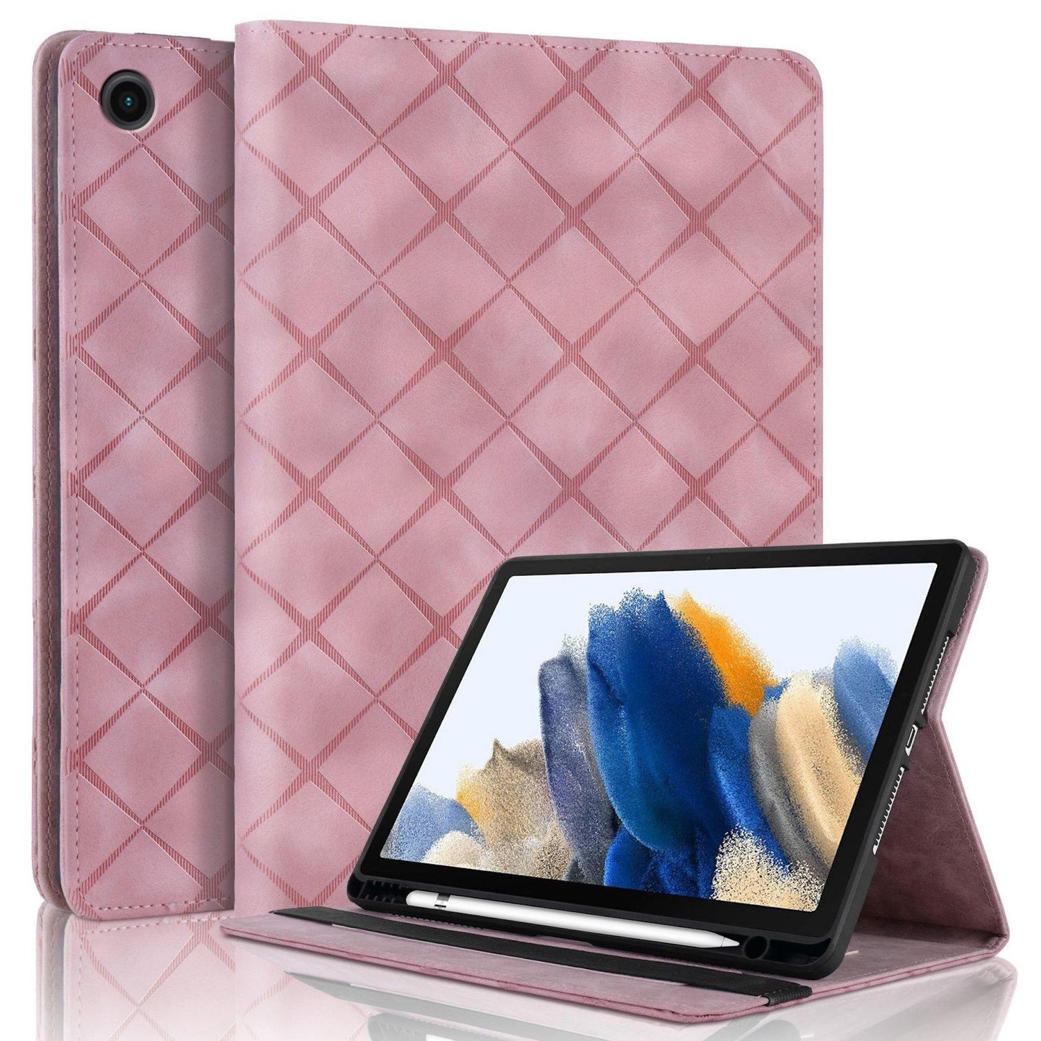 Wigento Tablet-Hülle Für Samsung Galaxy Tab A9 Plus Rhombus Muster Kunstleder Tasche Rosa, Faltbare Kunstleder Hülle mit Stifthalter und Standfunktion