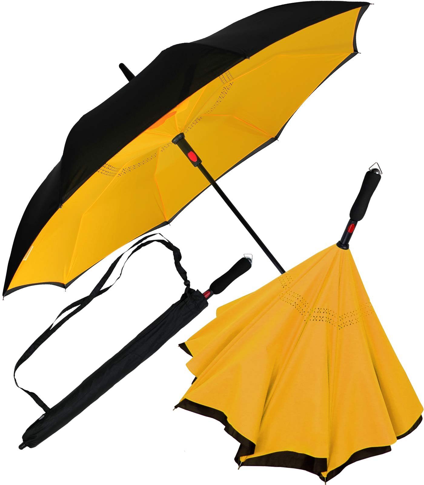 iX-brella Langregenschirm Reverse-Schirm - umgedreht zu öffnen mit Automatik, umgedreht schwarz-gelb