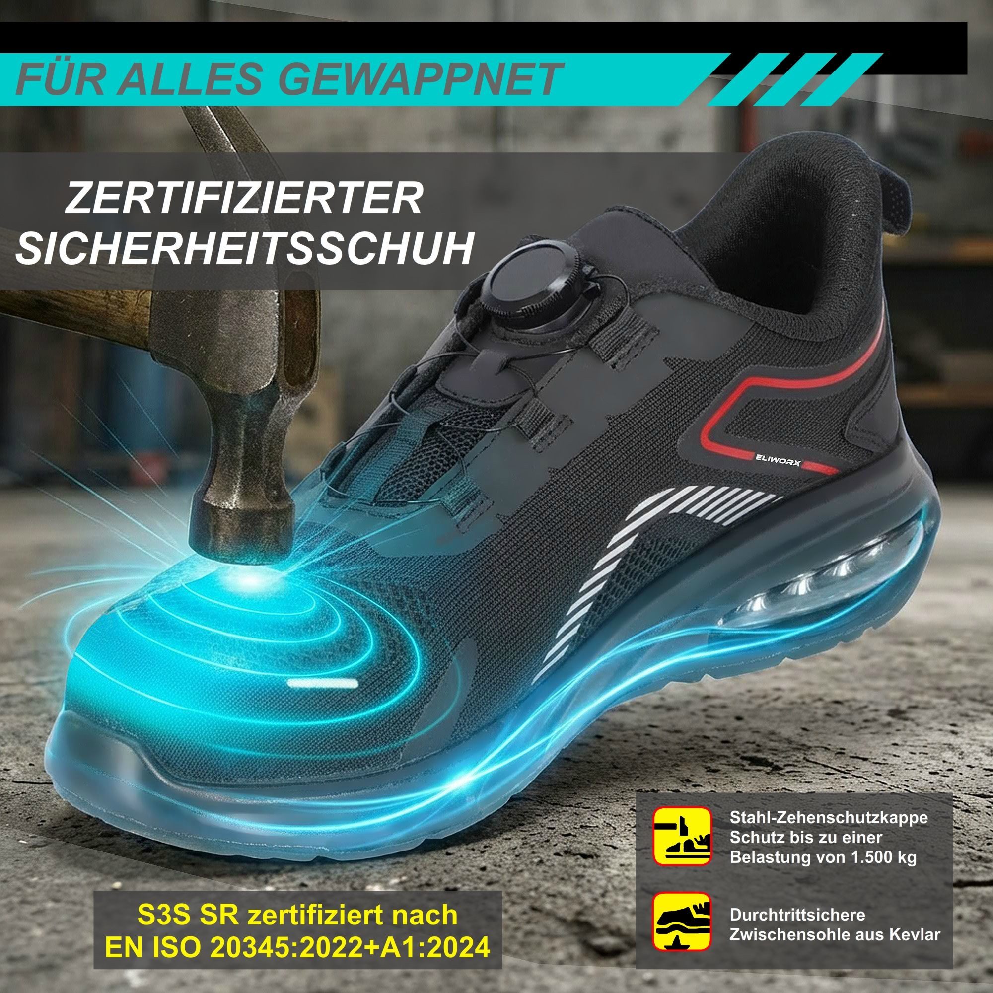 ELIWORX Sicherheitsschuhe S3S SR mit Schnellverschluss - Arbeitsschuhe Herren Arbeitsschuh EN ISO 20345:2022+A1:2024 - Mit Stahlkappe - Herausnehmbares Fußbett
