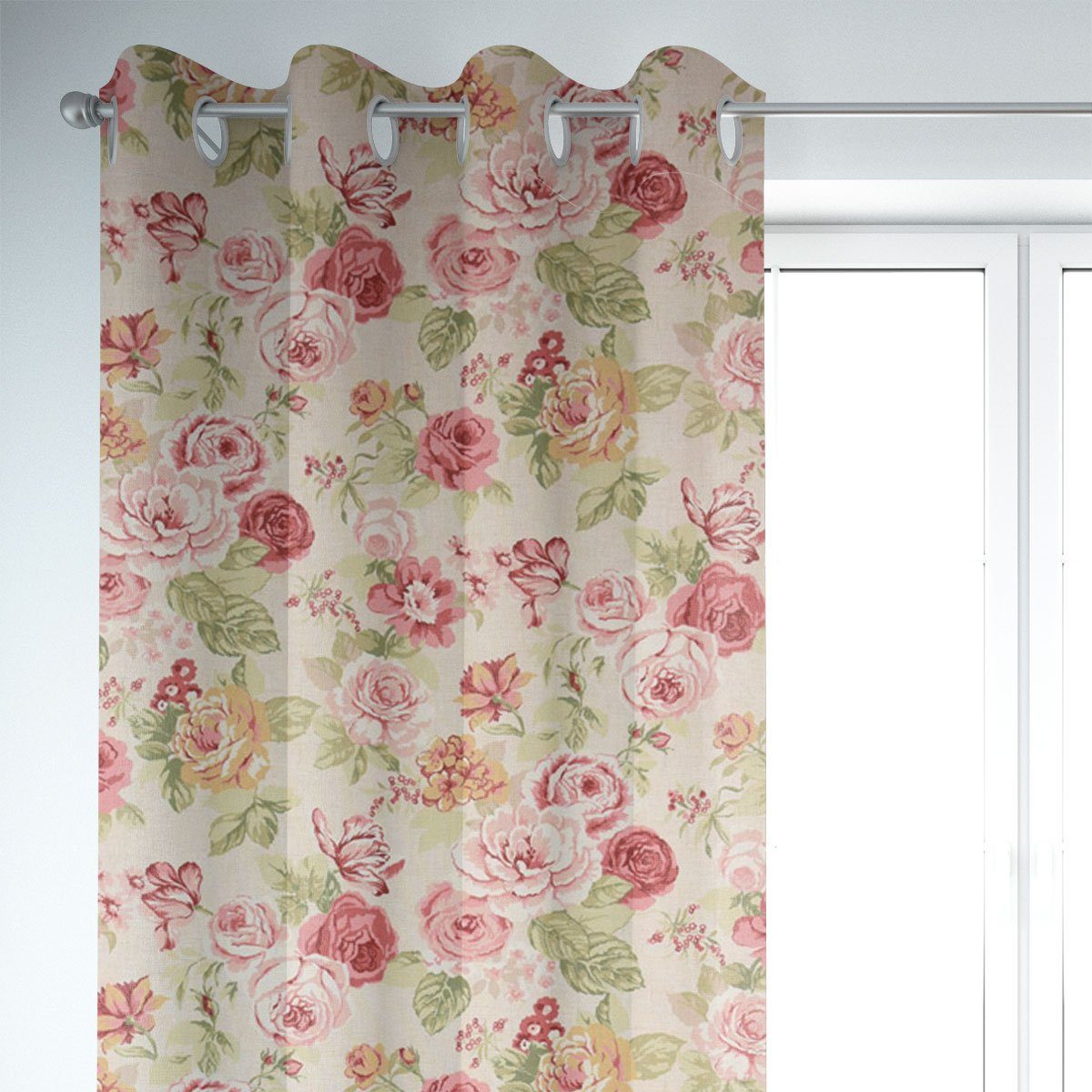 SCHÖNER LEBEN. Vorhang SCHÖNER LEBEN. Vorhang Blumen Rosen beige grün rot 245cm, Ösen, blickdicht, Baumwolle, handmade