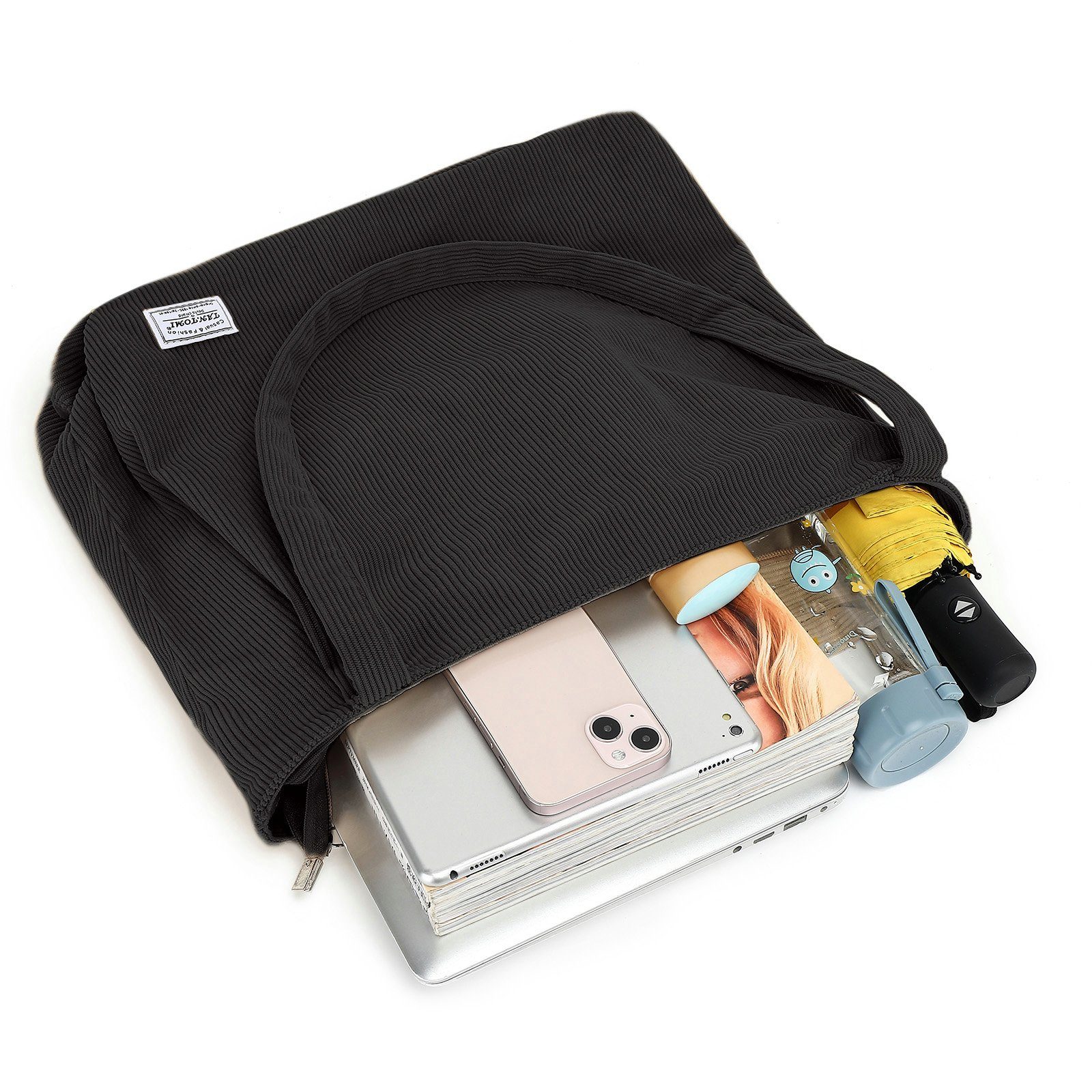 Schwarz Handtasche, Tasche Cordtasche mit Damen, Reißverschluss-Einkaufstasche Henkeltasche TAN.TOMI Damenhandtasche,