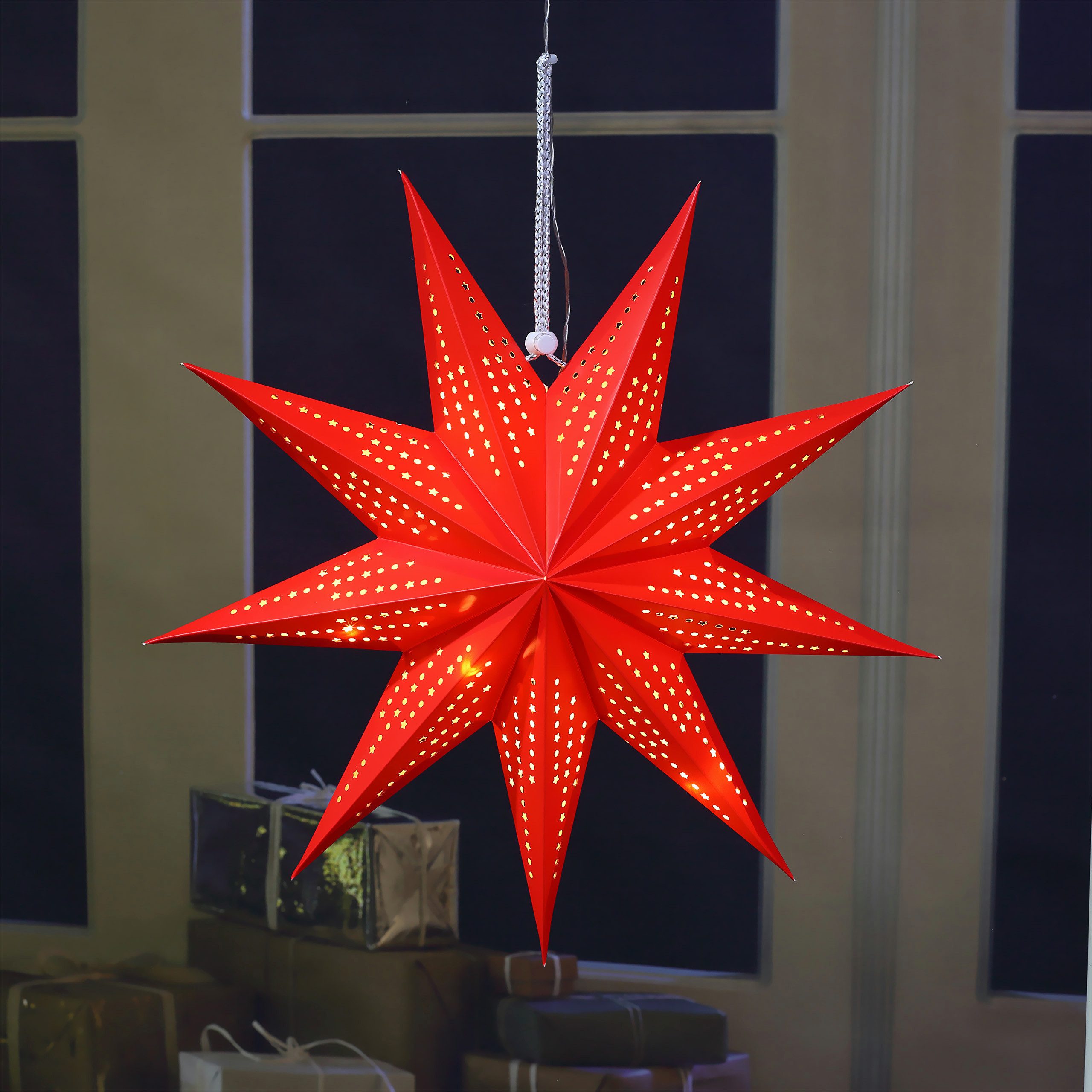 IC Winterworld LED Stern Weihnachtsstern aus Papier zum Aufhängen, ca. Ø 45 cm, LED fest integriert, warm-weiß, inkl. 10er LED Lichterkette