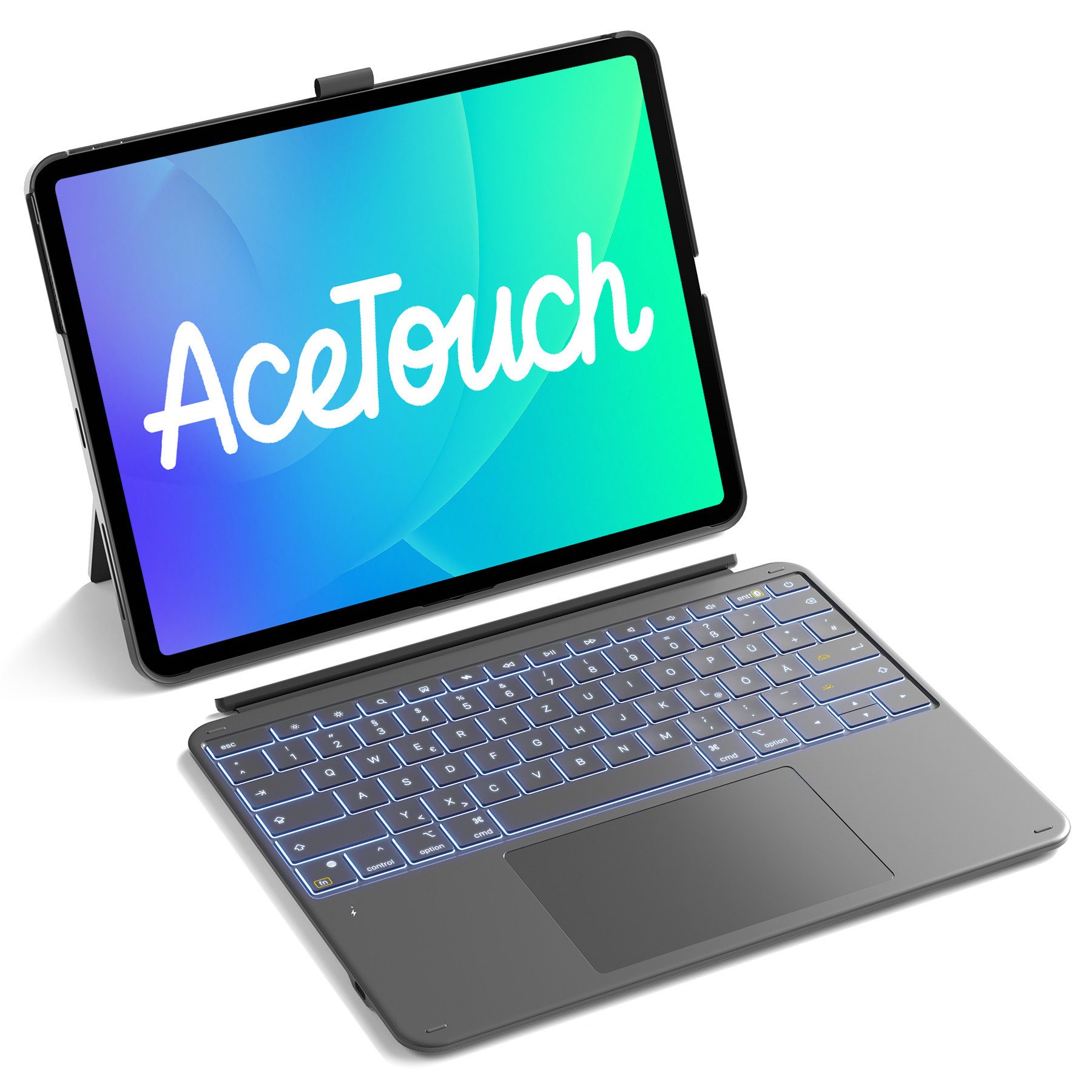 Inateck iPad Air Pro 12.9-13 Zoll Hülle mit Tastatur, 7 Farben Hinterleuchtet iPad-Tastatur (6" Großes Trackpad, Abnehmbar, mit Stifthalter, QWERTZ)