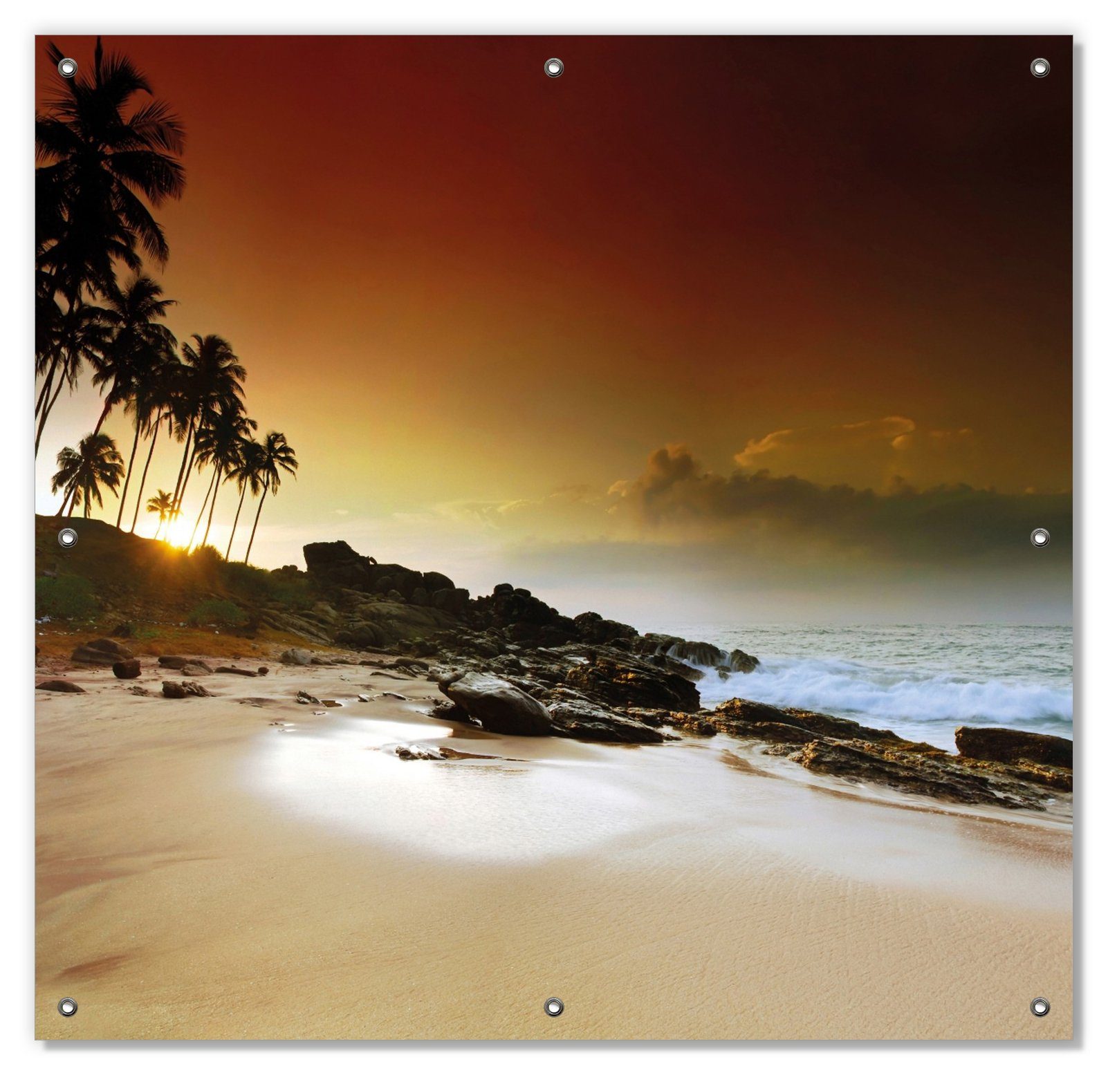 und mit Sonnenschutz Palmenstrand Sonnenuntergang, Wallario, blickdicht, Saugnäpfen, - wiederablösbar wiederverwendbar Sri mit Lanka