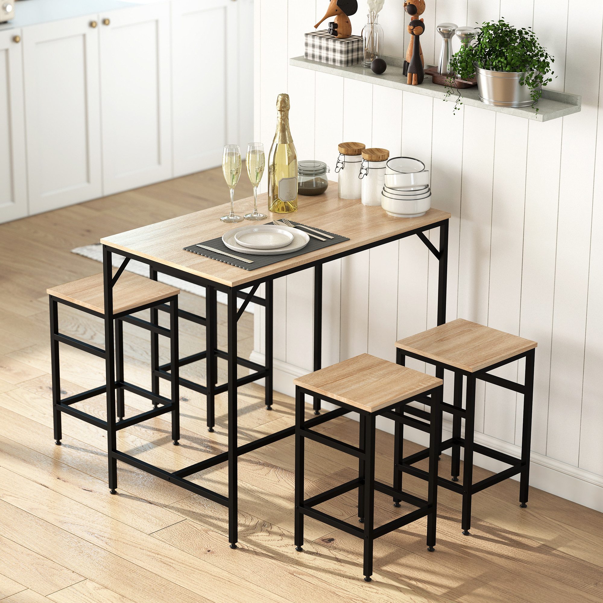 HOMCOM Bargruppe Bartisch mit Barhocker-Set Esstisch mit 4 Stühlen, (Tischset, 5-tlg., Bartisch-Set), Platzsparend