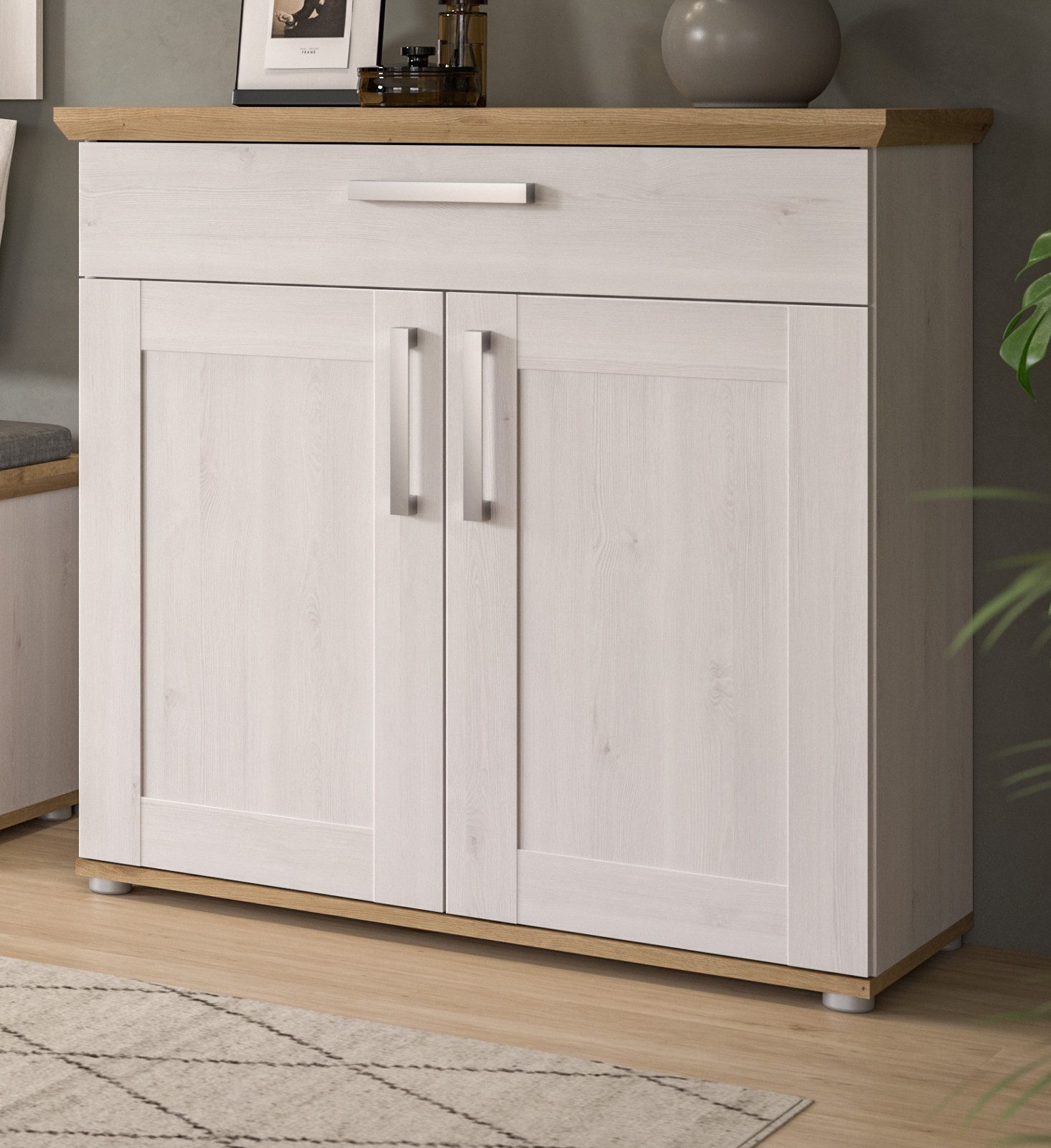 Inn.Furn Schuhkommode Mirano (Kommode in weiß Lerche mit Eiche Artisan, 95 x 92 cm), Landhaus modern