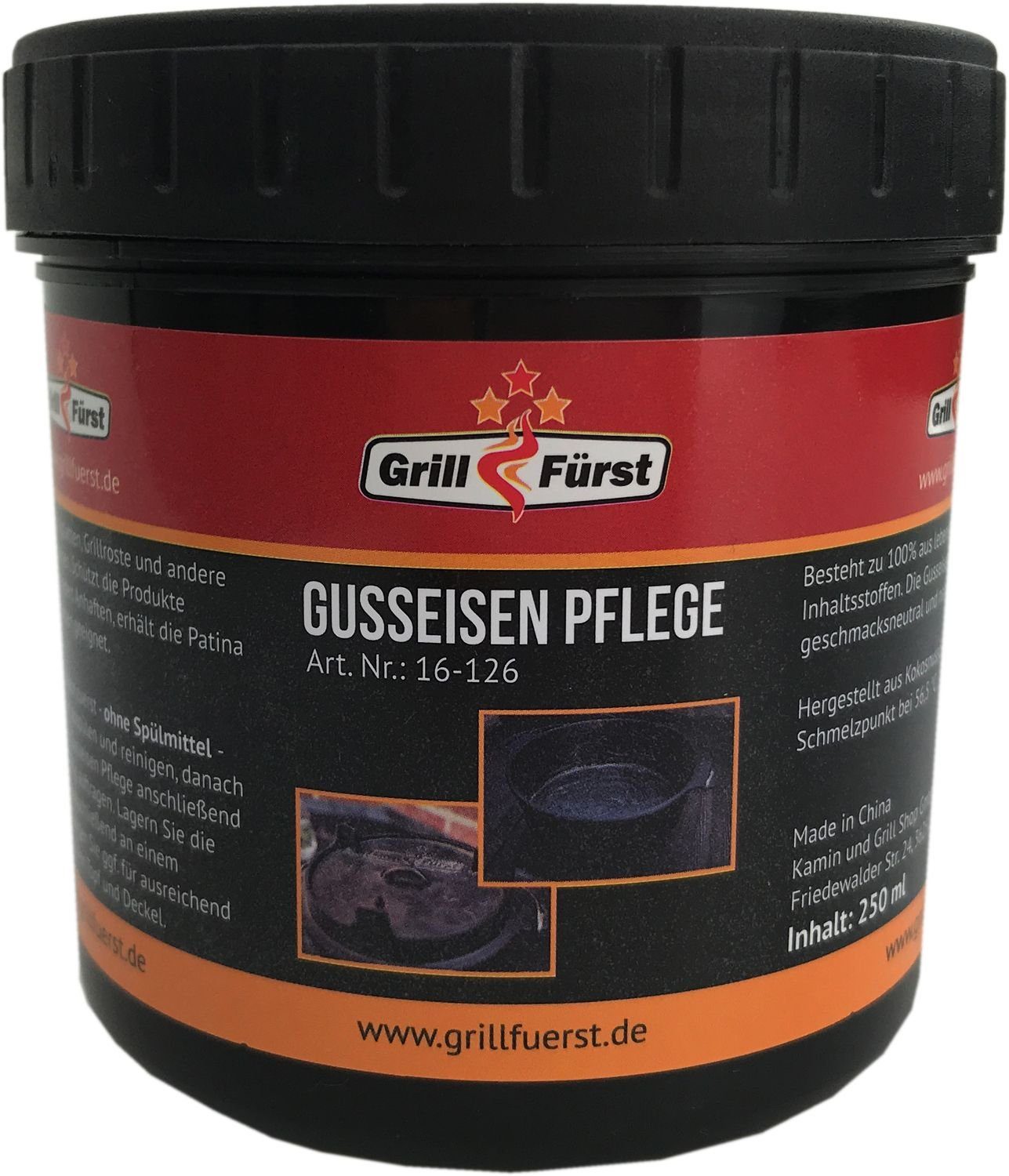 Grillfürst Bratentopf Grillfürst 250ml für Gusseisen Schwamm mit Kokosnuss-Pflegepaste