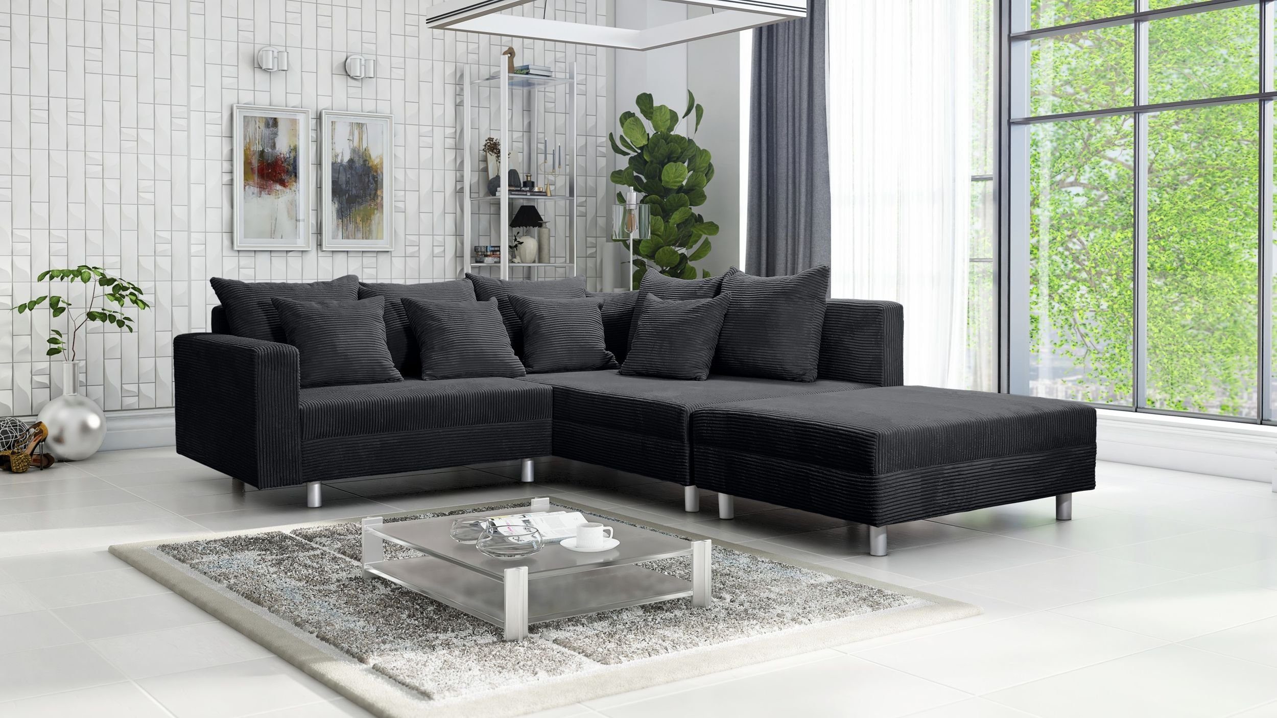 Küchen-Preisbombe Sofa Wohnlandschaft Sofa Couch Ecksofa Eckcouch Cordstoff Graphite Minsk R, Ecksofa + Hocker