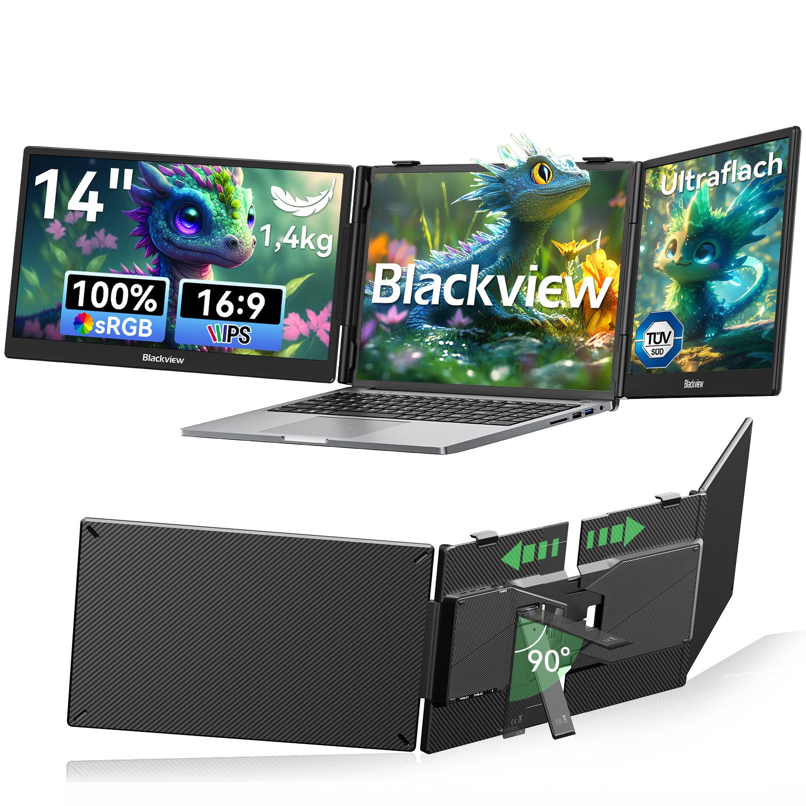 blackview Dual-Screen-Laptop-Bildschirm Monitor ultra-dünn LCD Extender Portabler Monitor (1920x1080 px, Full HD, IPS, 180°, 13,3-17,3 Zoll & Windows/Mac/Android/Chrome-Kompatibilität)