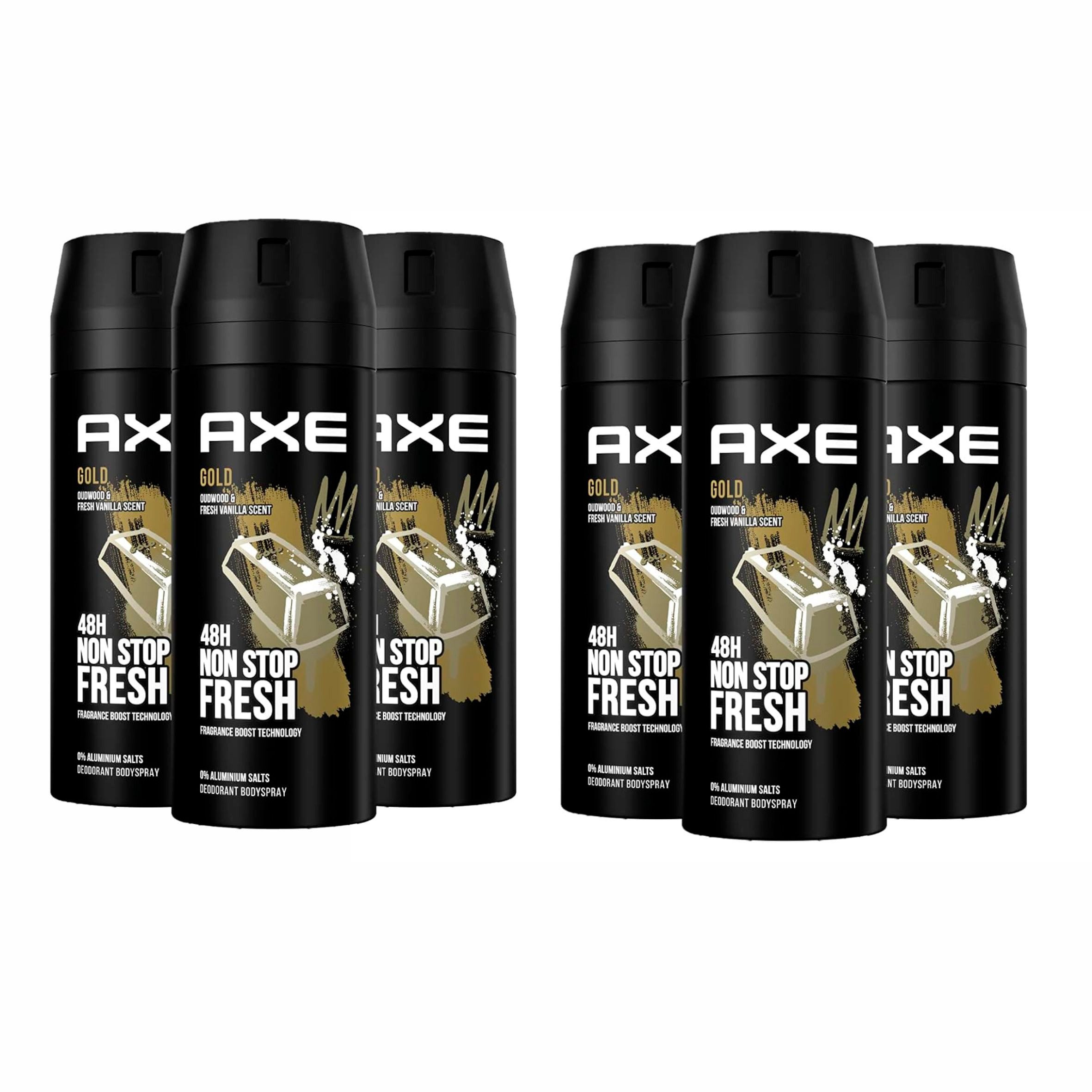 axe Deo-Spray 6x Axe Bodyspray Gold Deo ohne Aluminium 150 ml, 6-tlg.