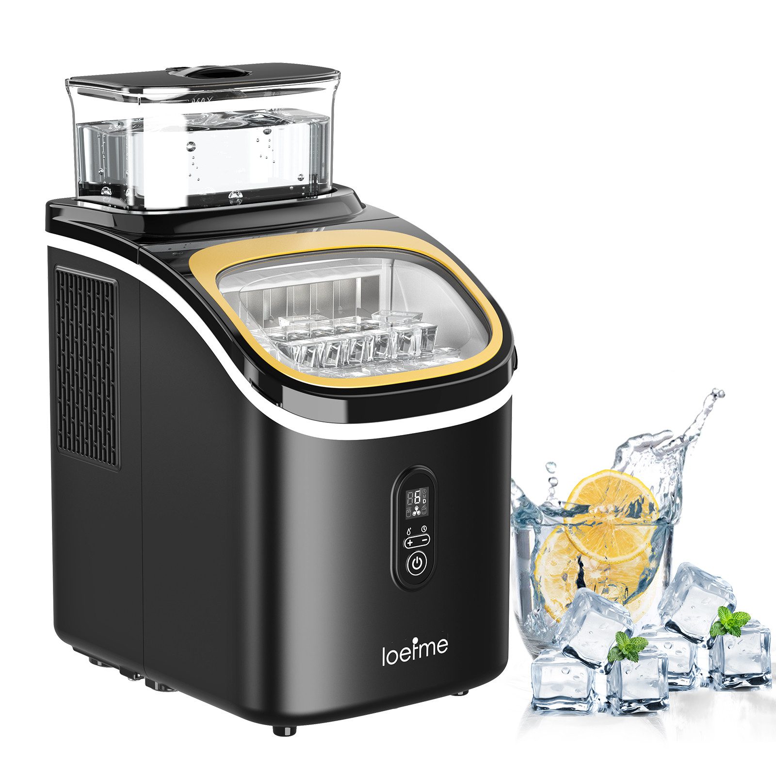 loefme Eiswürfelmaschine mit 1,5L Oberwassertank, 15kg/Tag, 16 Eiswürfel in 13 Minuten, 12 Eisdicken, Selbstreinigung, LED-Display für Zuhause, Küche und Bar
