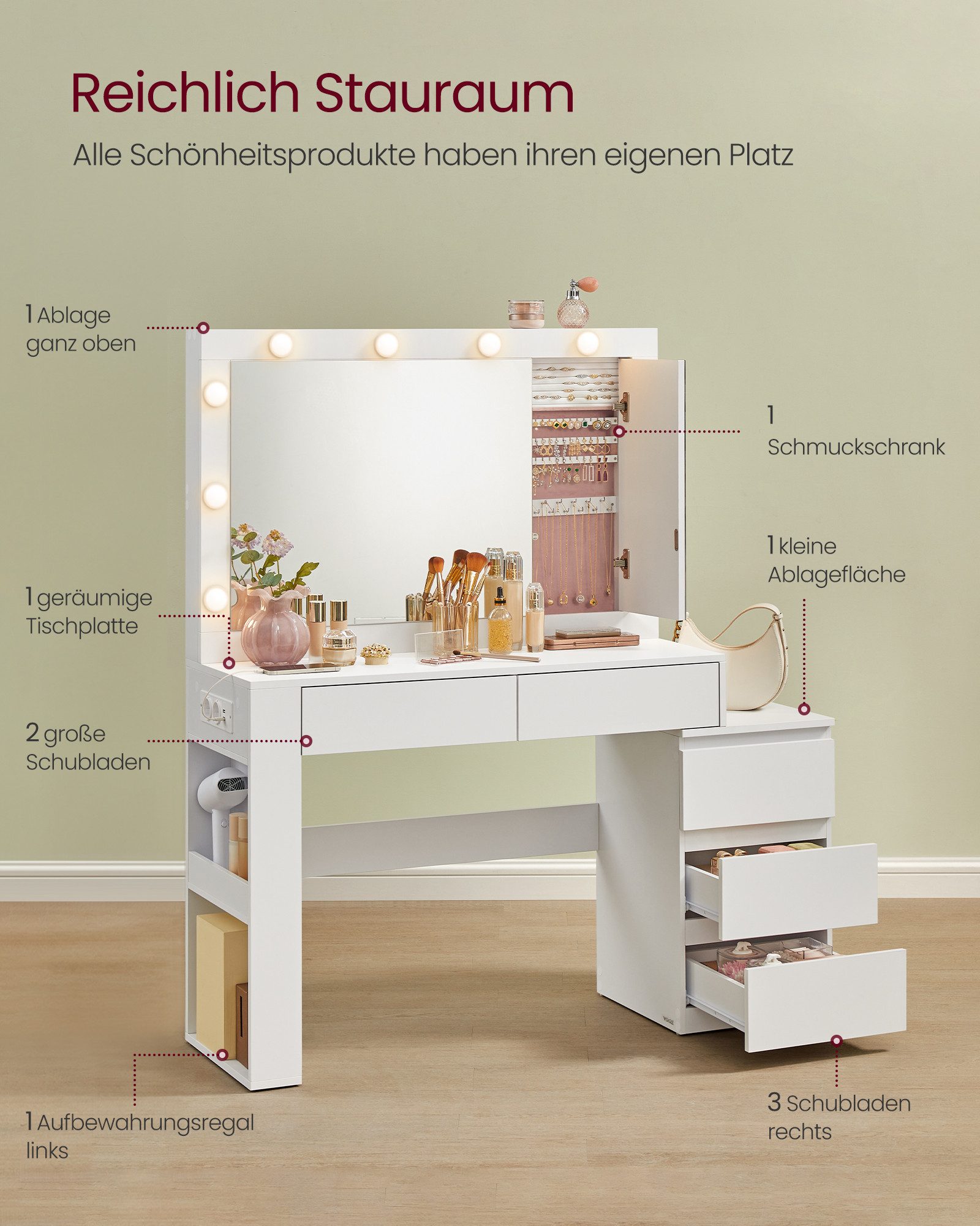VASAGLE Schminktisch Frisiertisch mit Spiegel, Schmuckschrank, Steckdosenleiste (1 Tisch), 40 x 125 x 140 cm, Kosmetiktisch mit Schubladen