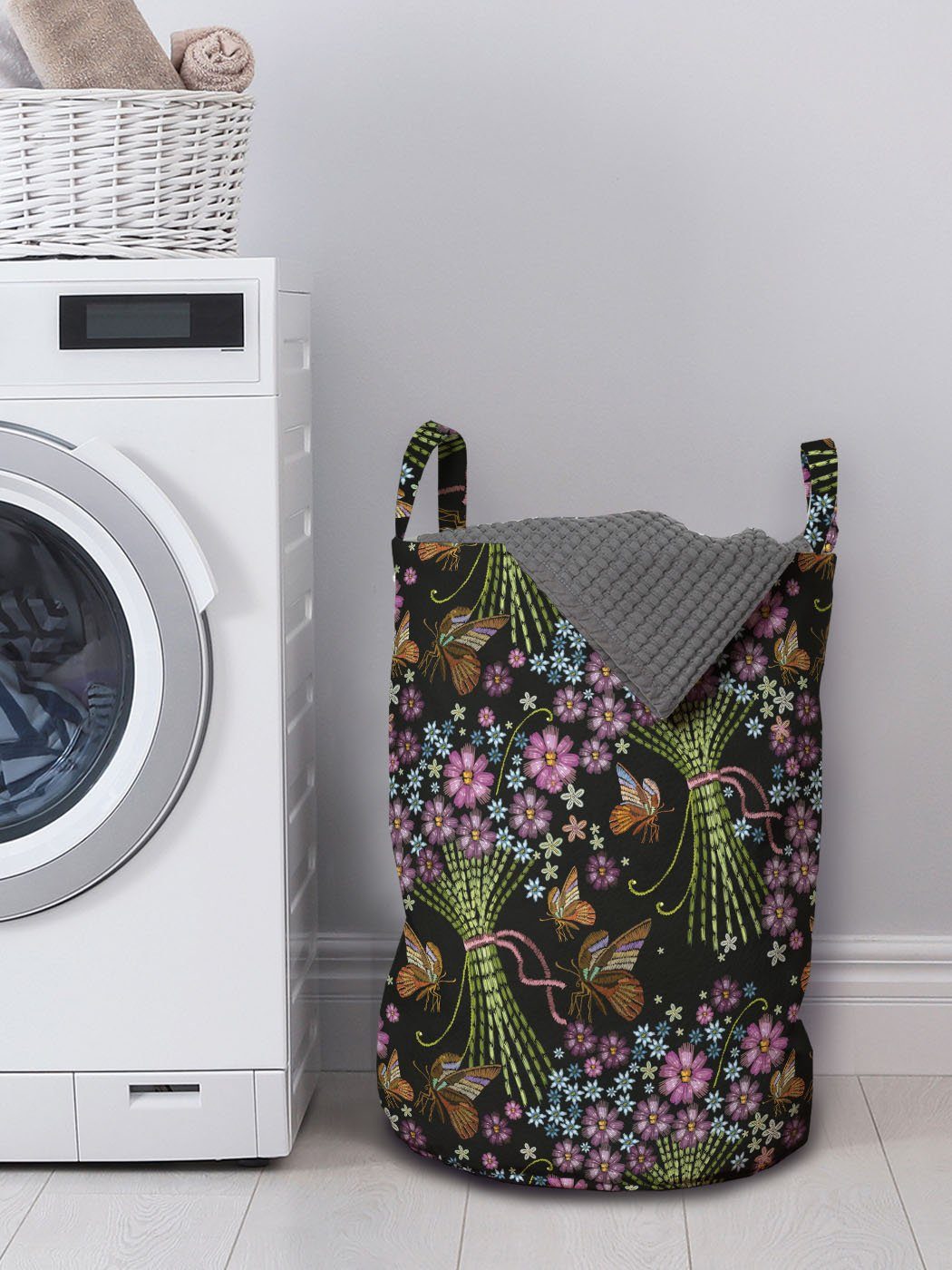 mit Jahrgang Waschsalons, Griffen Blumenstrauß Schmetterlinge und Wäschekorb Kordelzugverschluss Wäschesäckchen Abakuhaus für