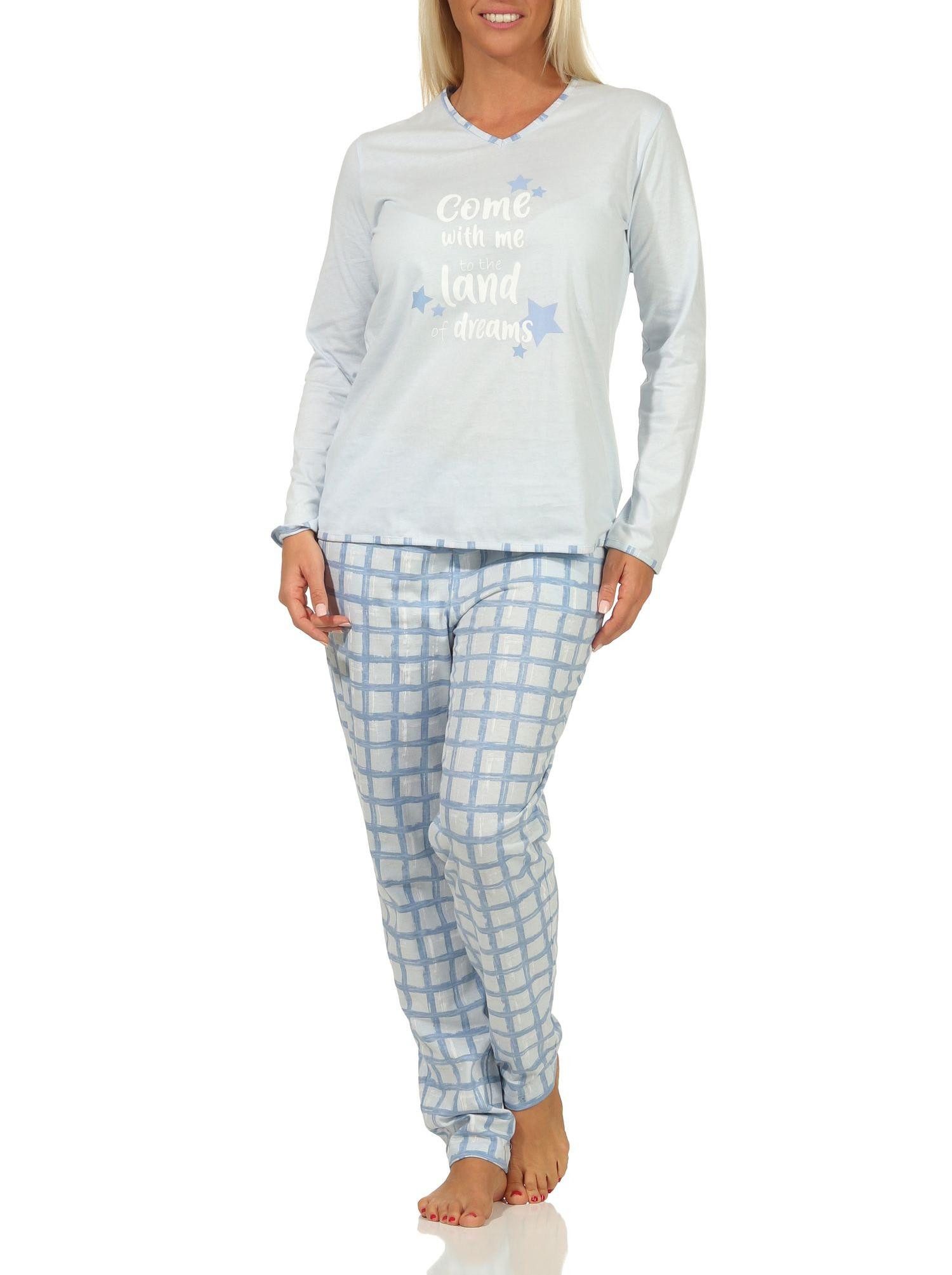 Pyjama Damen Schlafanzug mit karierter Jersey Hose - auch in Übergrößen
