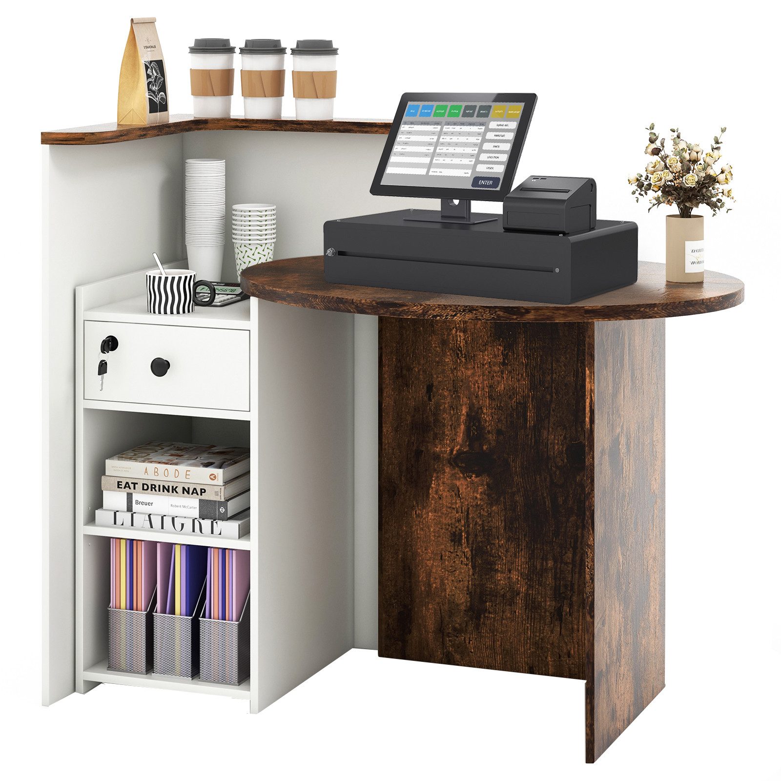 KOMFOTTEU Empfangstheke, mit abschließbarer Schublade & 3-stufig verstellbares Regal