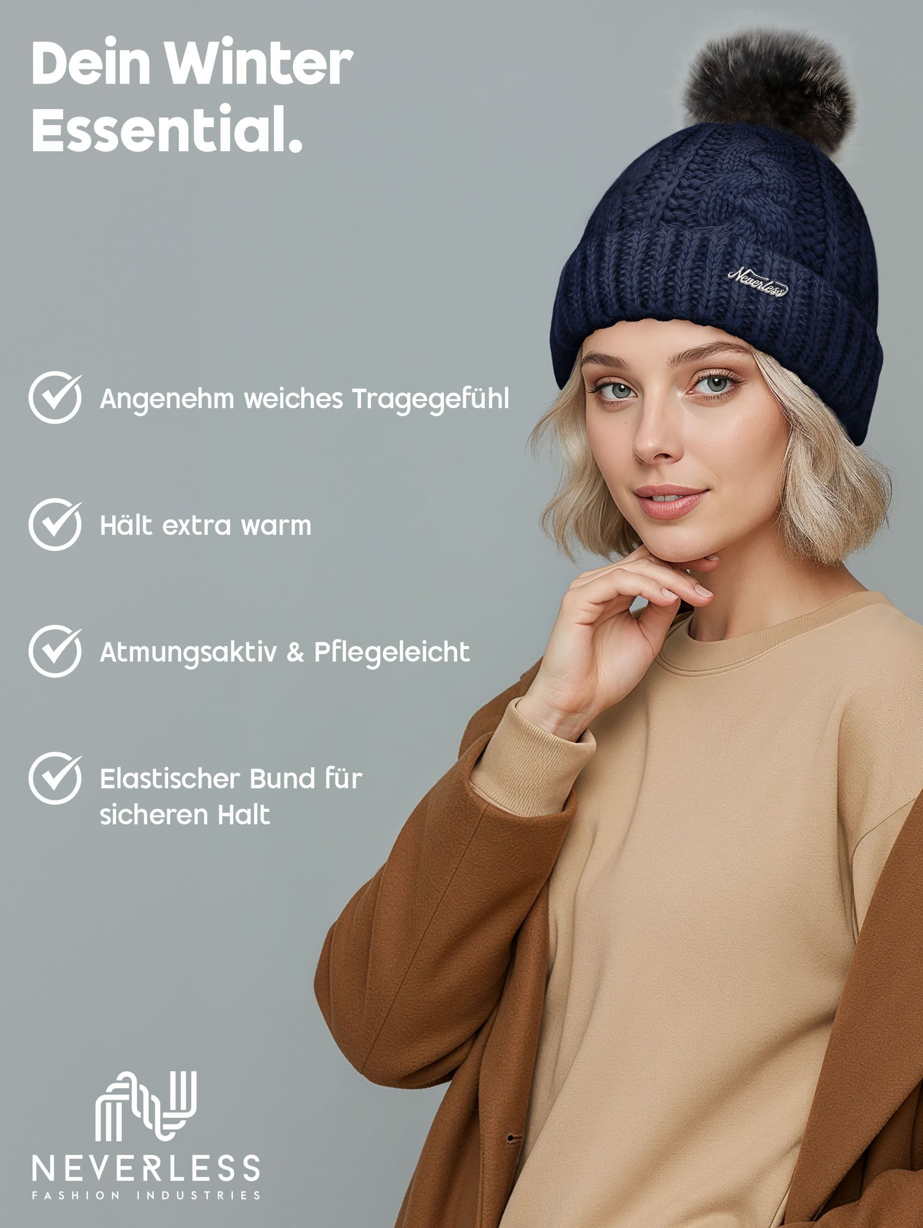 Neverless Bommelmütze Damen Strick-Mütze gefüttert Fell-Bommel Kunstfell Winter-Mütze