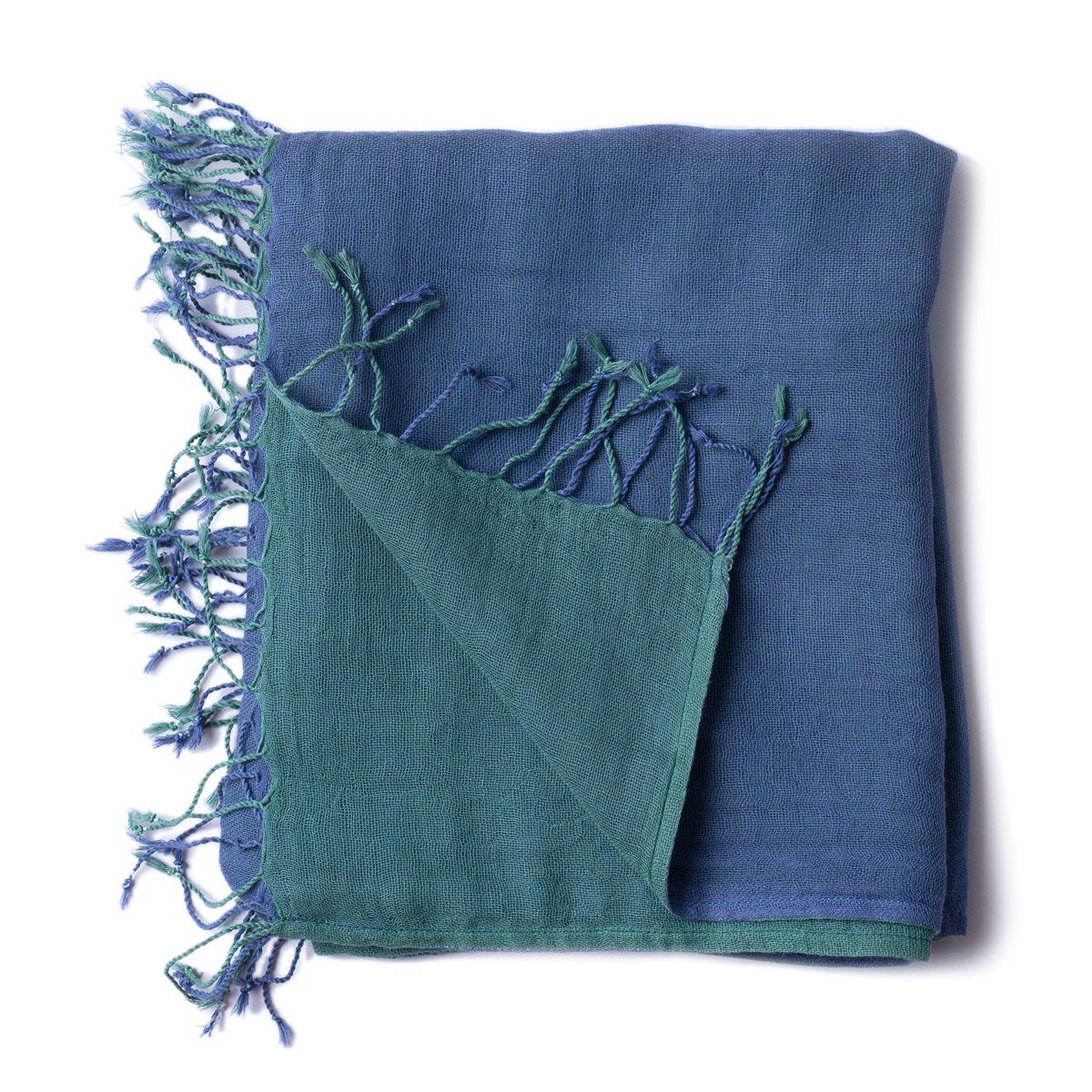 PANASIAM Halstuch elegantes Schultertuch zweifarbig auch als Schal oder Stola tragbar, in schönen farbigen Designs mit kleinen Fransen aus Baumwolle blau grün