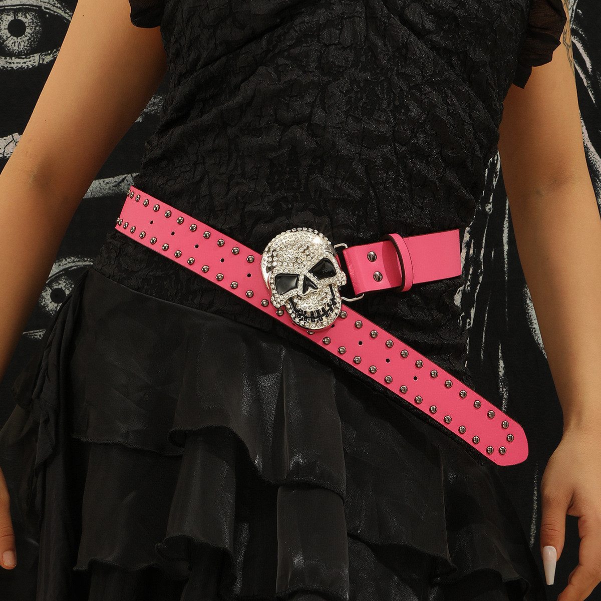 Einkaufszauber Nietengürtel Gürtel Skull Totenkopf mit Strass und Nieten Pink Totenkopf mit glitzernden Strasssteinen