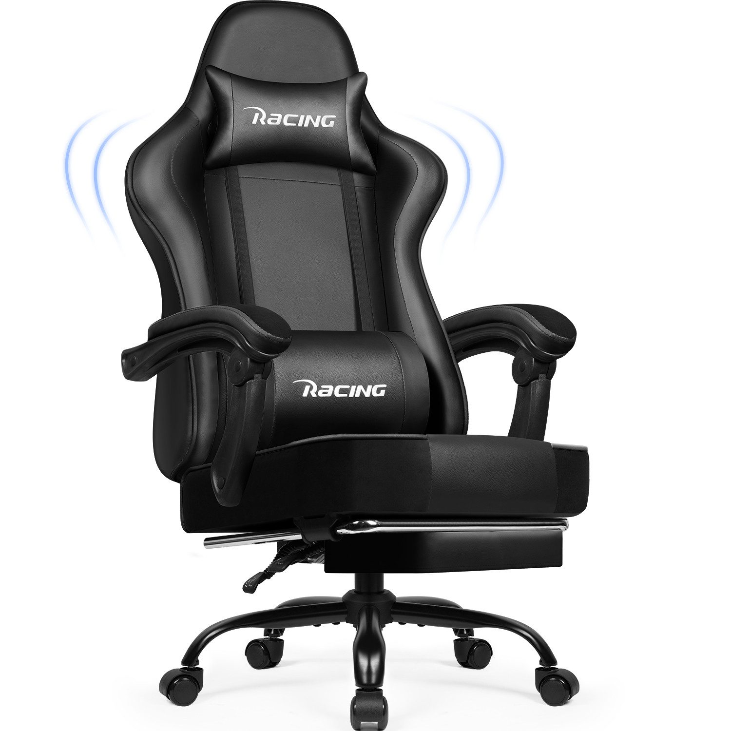 Hiazurm Gaming-Stuhl Gaming Stuhl mit Einteiligen Armlehnen und Ausziehbarem Fußstütze (Höhenverstellbarer Bürostuhl mit Verstellbarem Kopf- und Lendenkissen), Gamer Stuhl für Komfort und Stabilität bis 150 kg