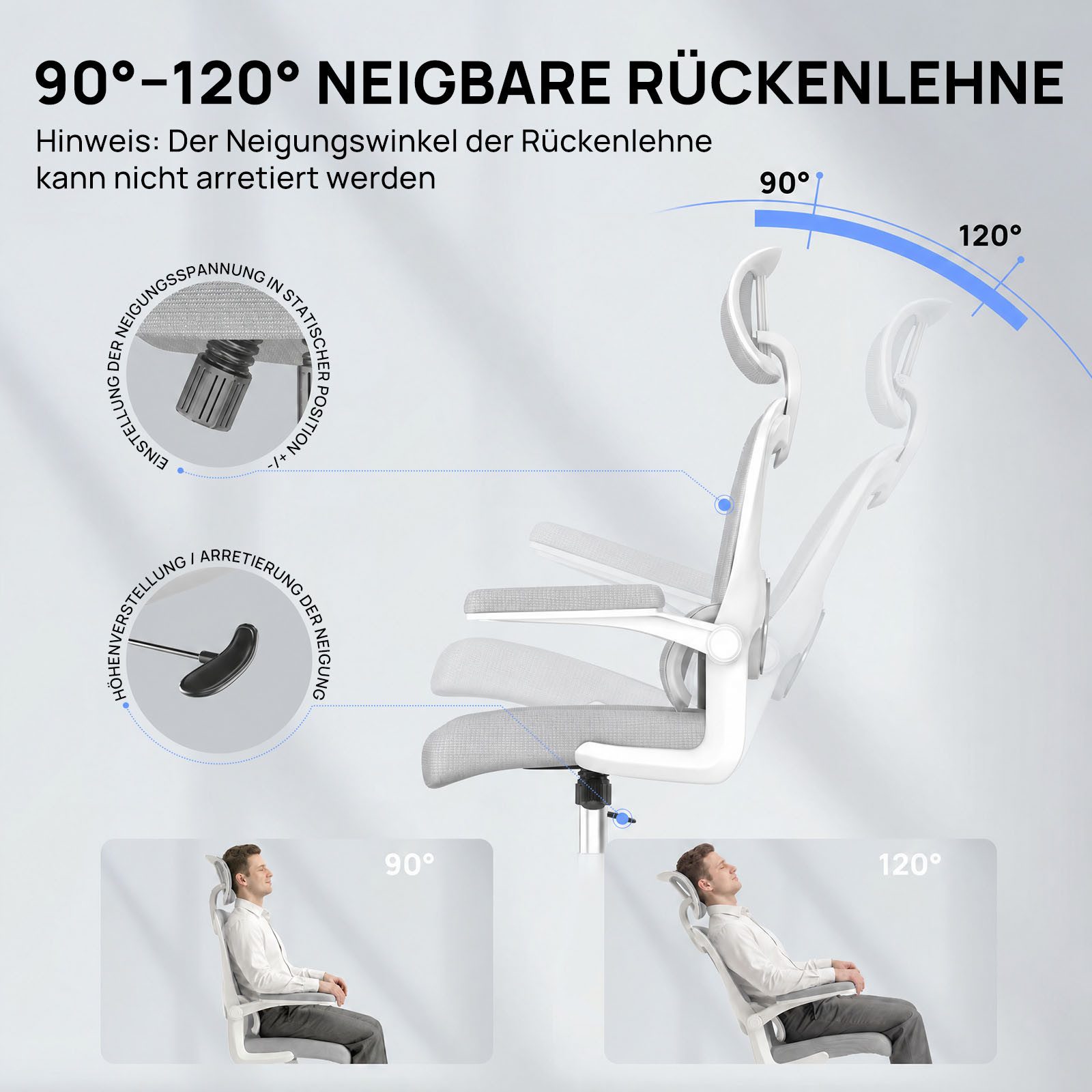 Gywowken Bürostuhl Ergonomischer Schreibtischstuhl mit Verstellbarer Kopfstütze, Armlehne Elastische Lendenwirbelstütze Höhenverstellbar – Bild 5 von 5