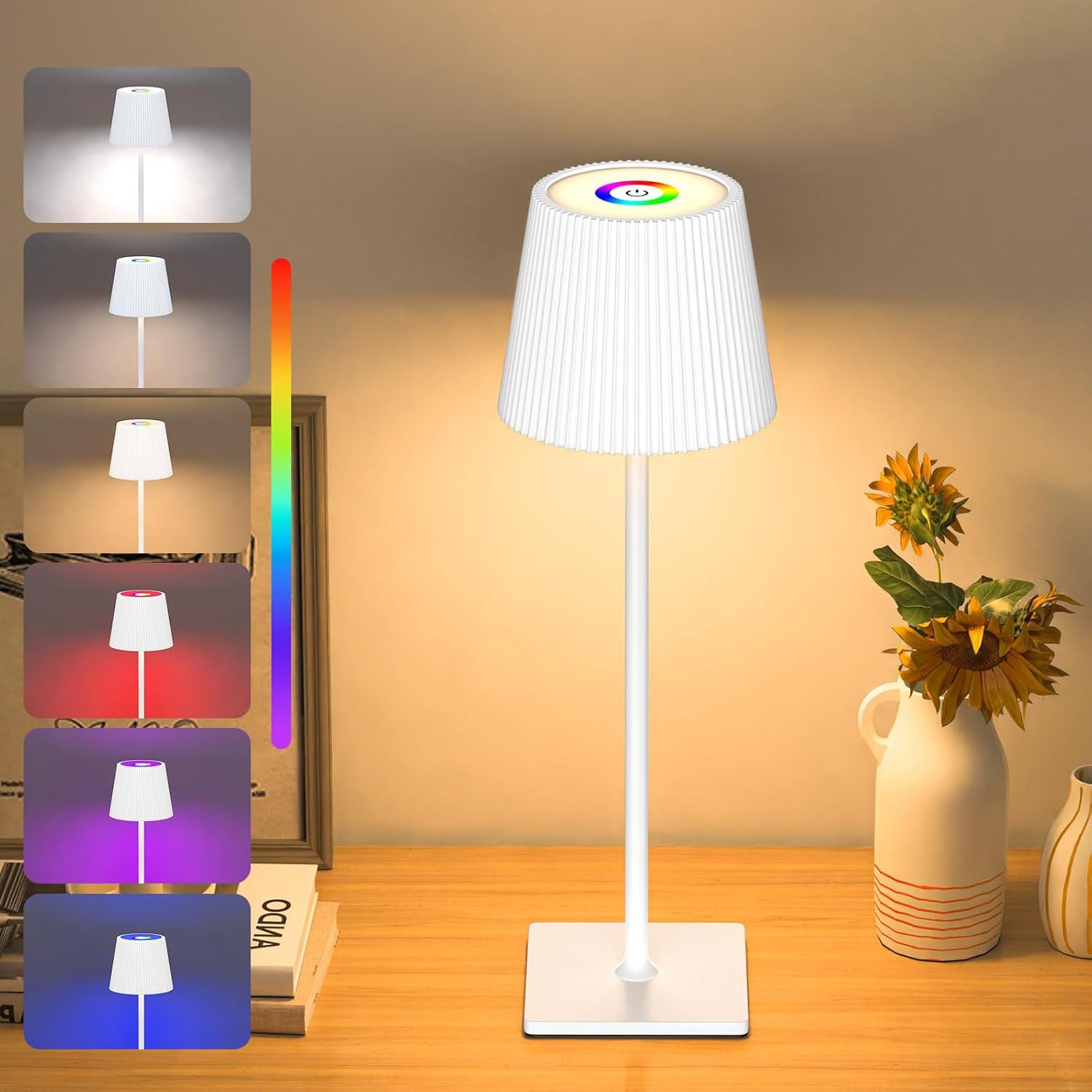 skelo LED Tischleuchte Tischlampe Kabellos Touch Dimmbar RGB 3 Farbtemperatur Nachttischlampe, Wiederaufladbare Tischlampe mit Farbwechsel, Akku Tischlampe Aufladbar, RGB & 3 Farbtemperatur, Warmlicht 3000K, Naturlicht 4000K, Kaltlicht 6500K, RGB-Lichtmodus, Höhenverstellbar (40,5 cm/26 cm), Tragbar, Dimmbar