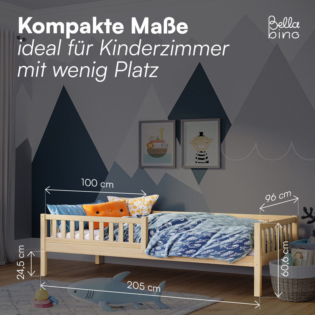 Bellabino Kinderbett Vils mit Lattenrost und Rausfallschutz 90x200 cm (natur, optional mit Matratze), aus Kiefer Massivholz