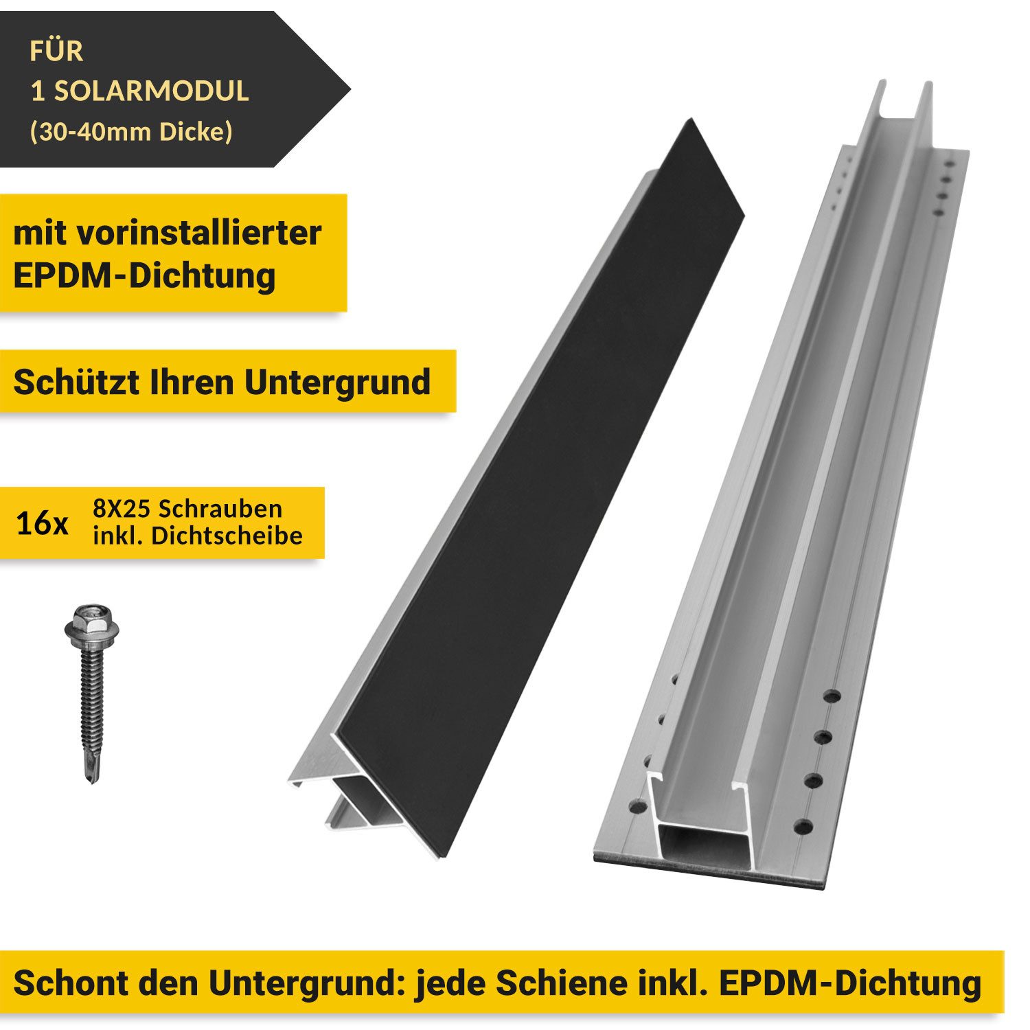 avoltik Solarmodul-Halterung Solar Halterung Montageset Schiene 400mm Flachach für 1-4 Solarmodule, (Solar Halterung Flachdach Montageset mit 400mm Montageschienen inkl. EPDM, Klemmen, Schrauben, Für 1, 2 oder 4 Solarmodule, Wählbar in der Anlagengröße)