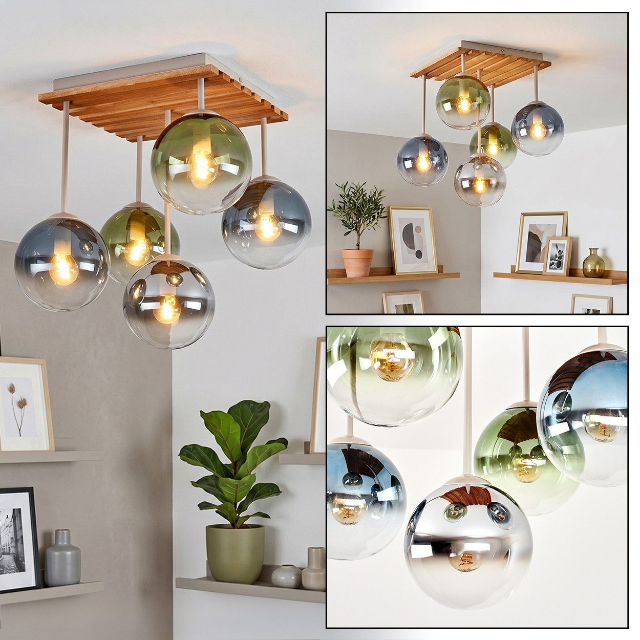 hofstein Deckenleuchte Deckenlampe aus Metall/Holz/Glas in Chrom/Rauch/Blau/Grün/Klar, moderne Deckenleuchte im Retro/Vintage/Boho-Design, 5 x E14