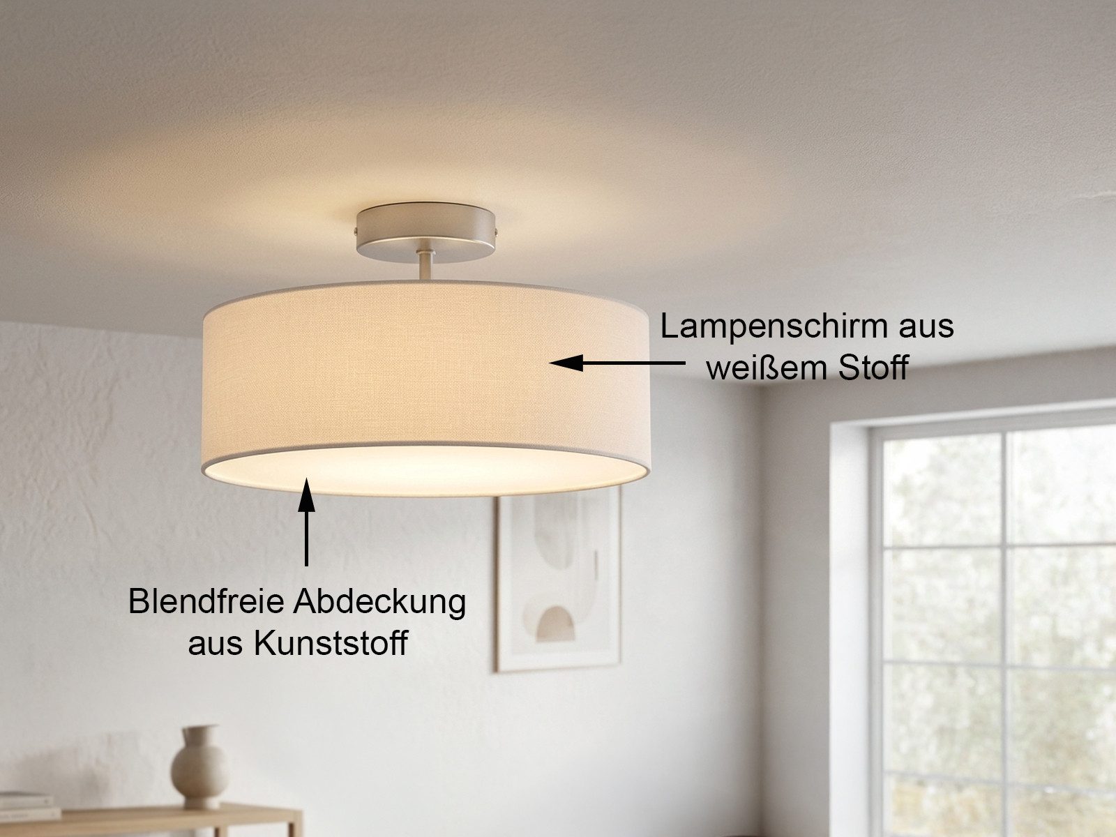 meineWunschleuchte Deckenleuchte mit Stoff Lampenschirm Weiß Ø 30cm, ohne Leuchtmittel, kleine Stoff-Lampe, gemütliche Deckenlampe, E14 Schlafzimmerlampe – Bild 3 von 5