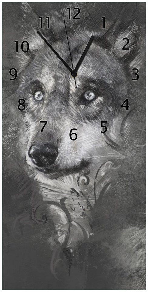 Wallario Wanduhr Zeichnung von einem Wolf I (Glasuhr)