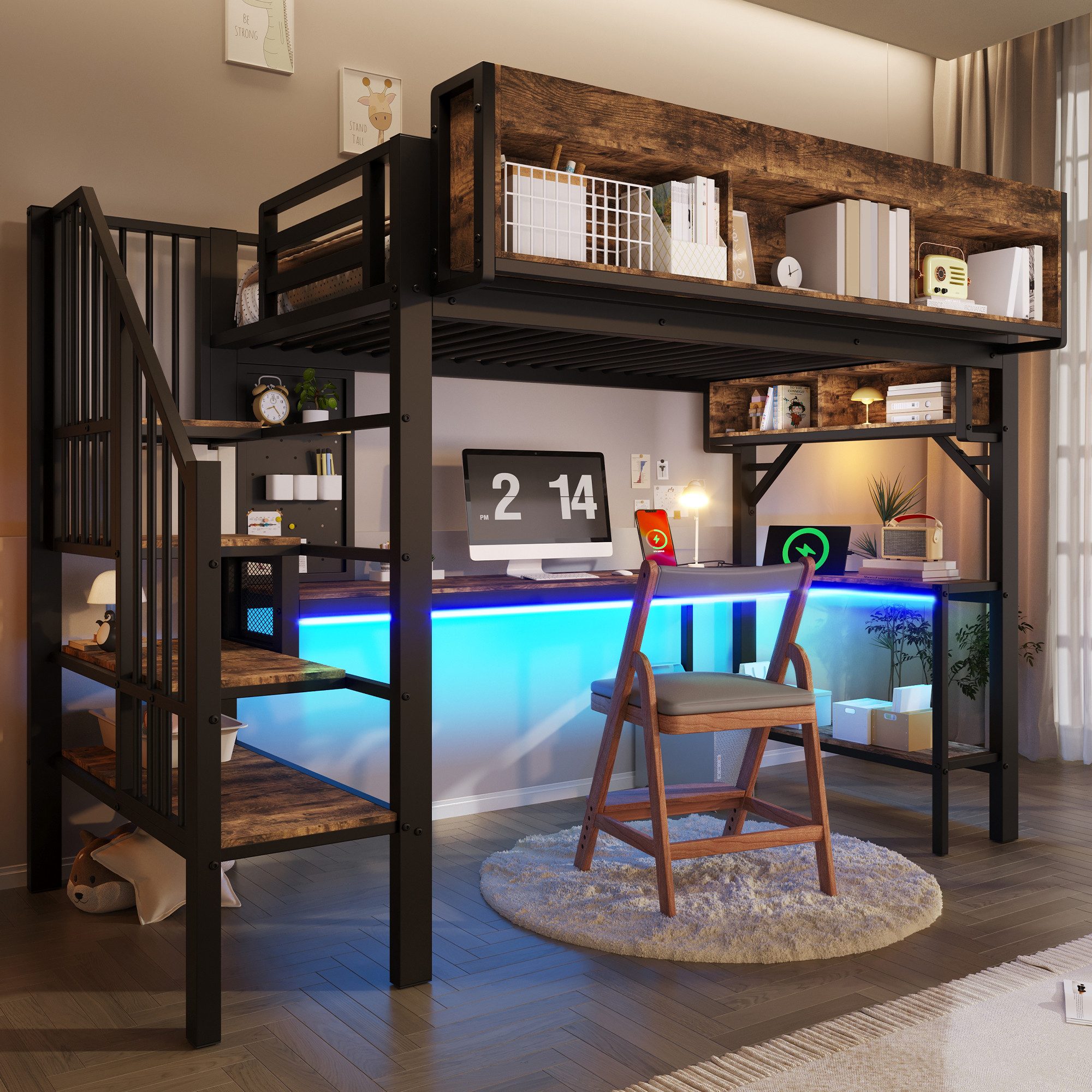 HAUSS SPOLE Hochbett 90x200 Kinderbett mit Eckschreibtisch & Lochplatte,Jugendbett mit LED (Bettgestell mit integriertem Arbeitsbereich, Stauraumtreppe und multifunktionaler Ausstattung) Vintage braun-schwarz,EU-Steckdose*2 + USB + Typ C
